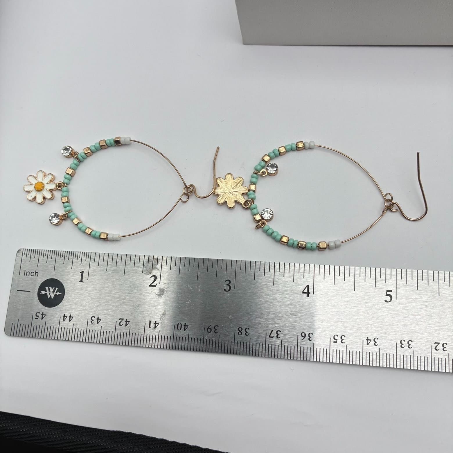 Vintage 90s Gold Tone Hoop Earrings Teal Seed Bead Enamel Floral Dangle Jewelry - Thumbnail 7