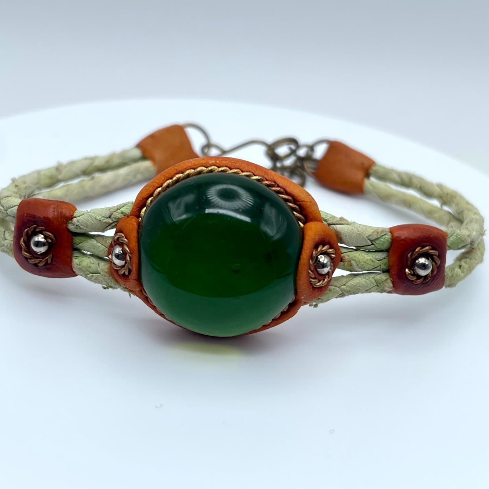 Boho-Chic Classic Fashion Green Cabochon Brown Leather Braided Hook Bracelet - Thumbnail 6