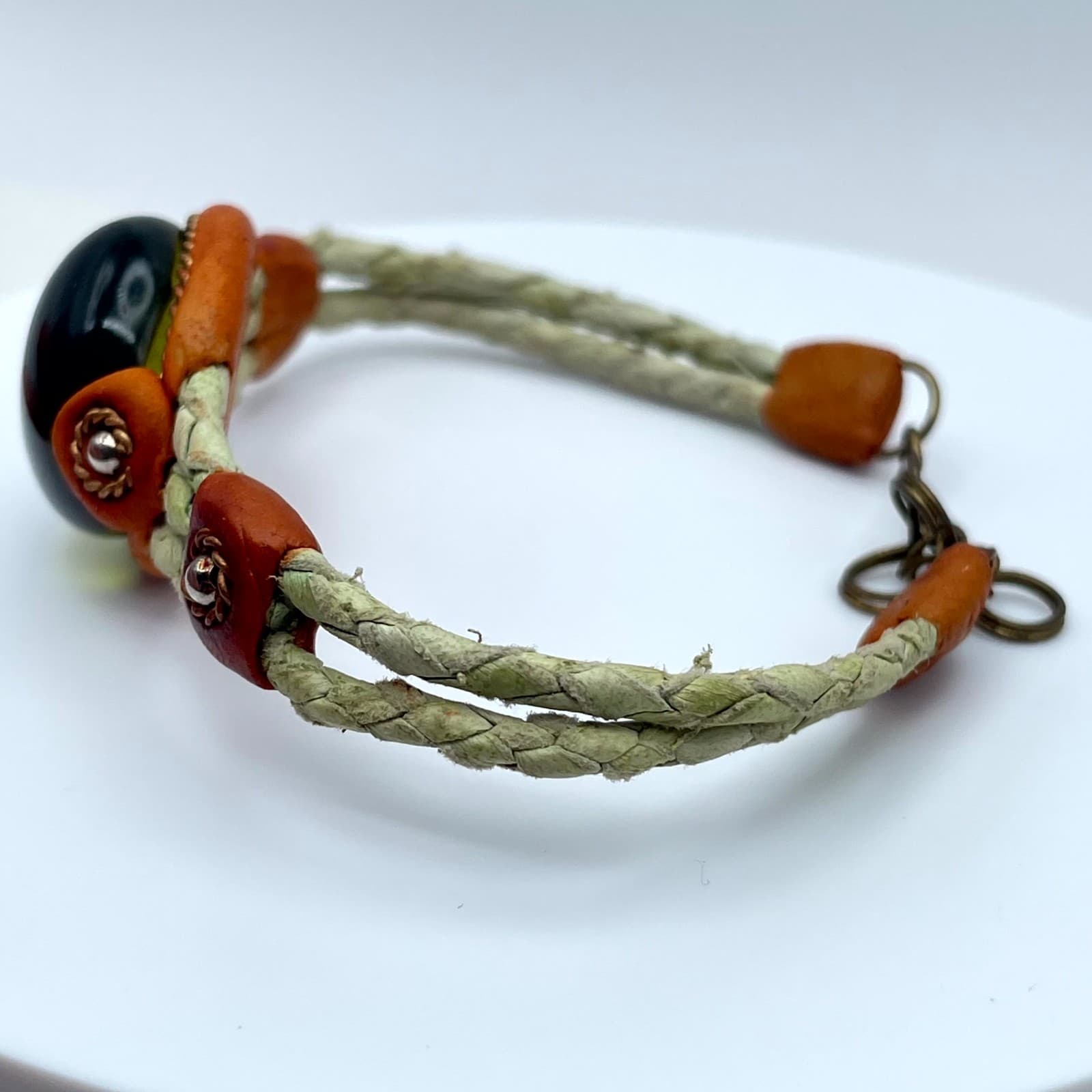 Boho-Chic Classic Fashion Green Cabochon Brown Leather Braided Hook Bracelet - Thumbnail 9