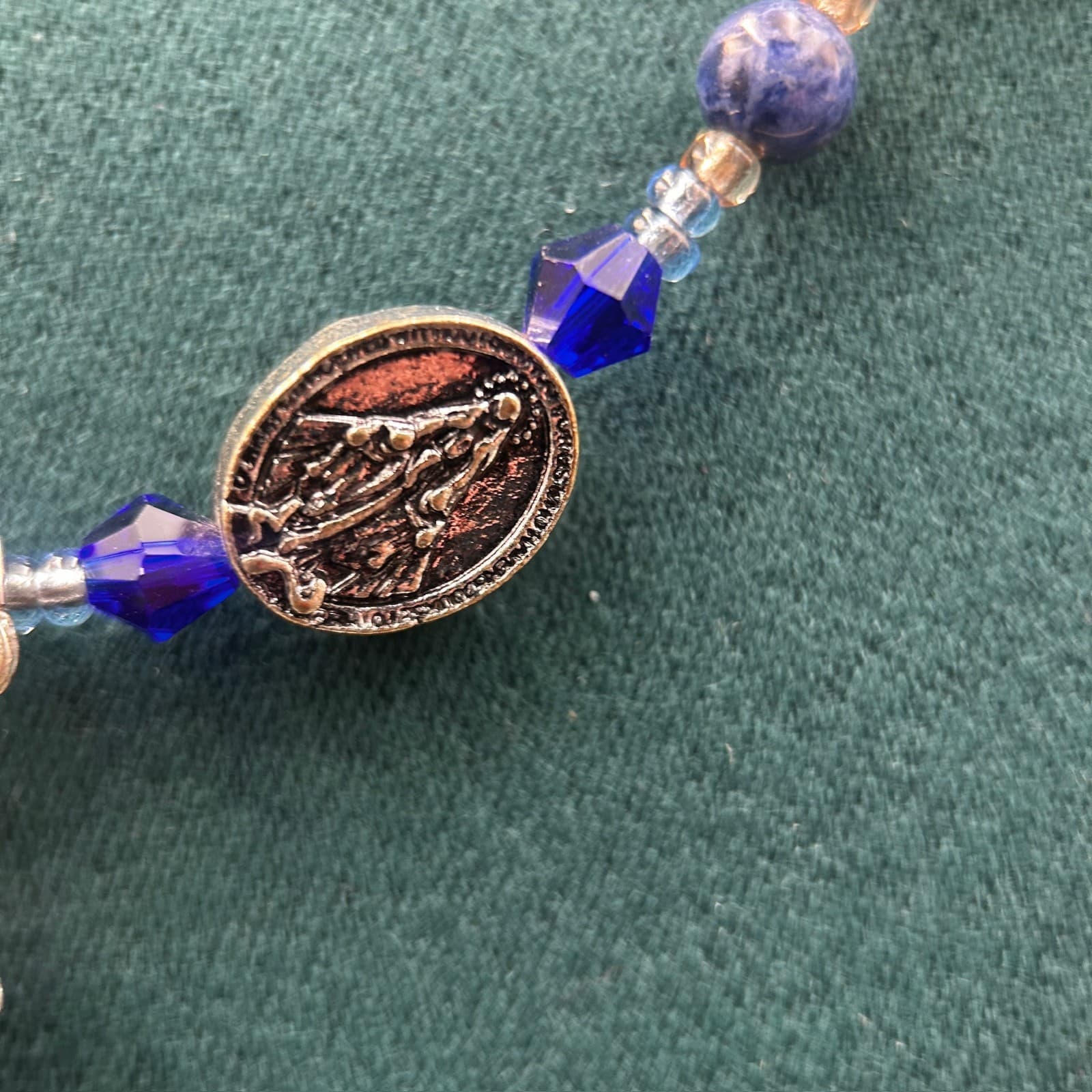 Vintage Blue Beaded Rosary Style Necklace Silver Cross Pendant Religious 22" - Thumbnail 6