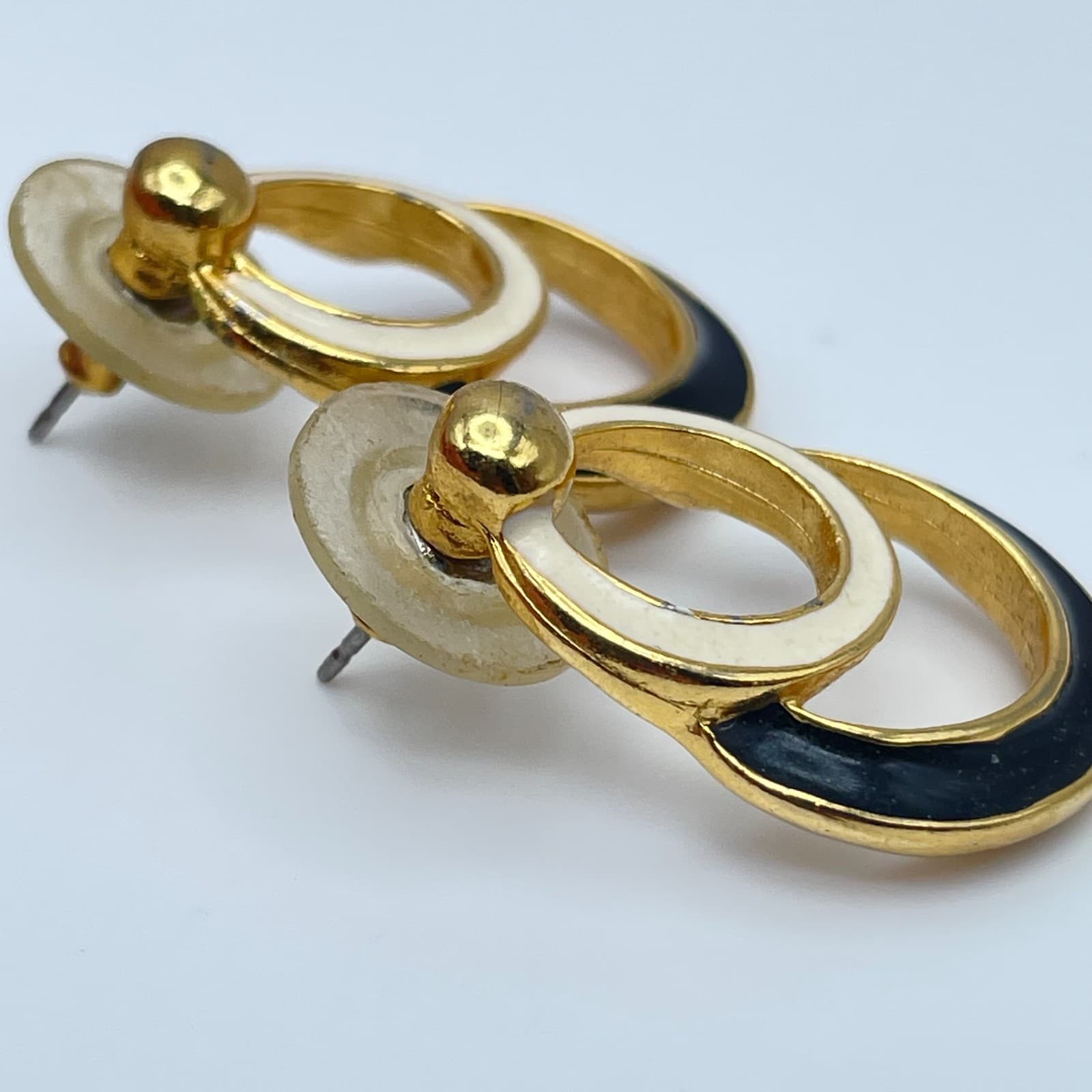 Vintage 80s Gold Tone Enamel Double Hoop Door Knocker Drop Earrings Jewelry - Thumbnail 5