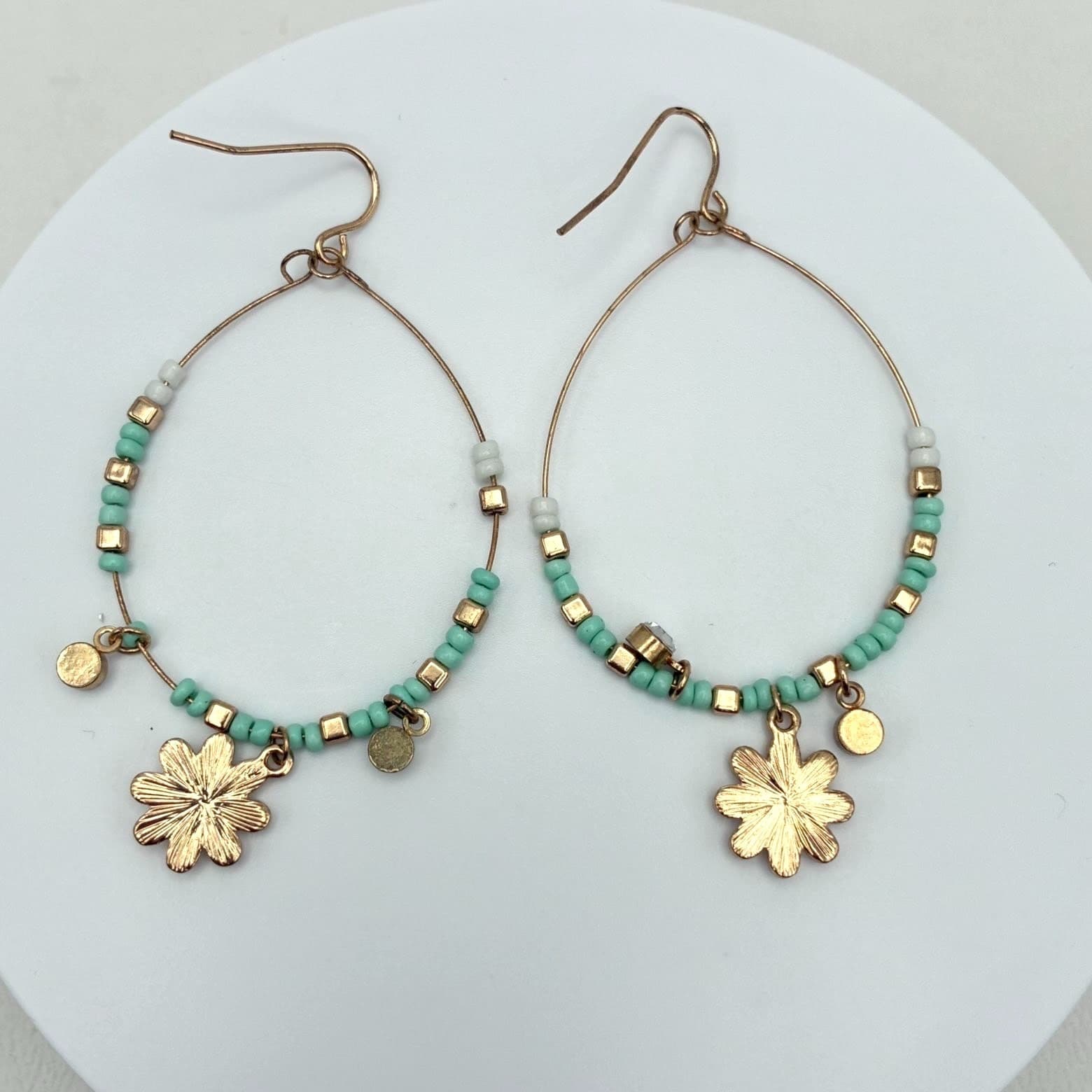 Vintage 90s Gold Tone Hoop Earrings Teal Seed Bead Enamel Floral Dangle Jewelry - Thumbnail 2