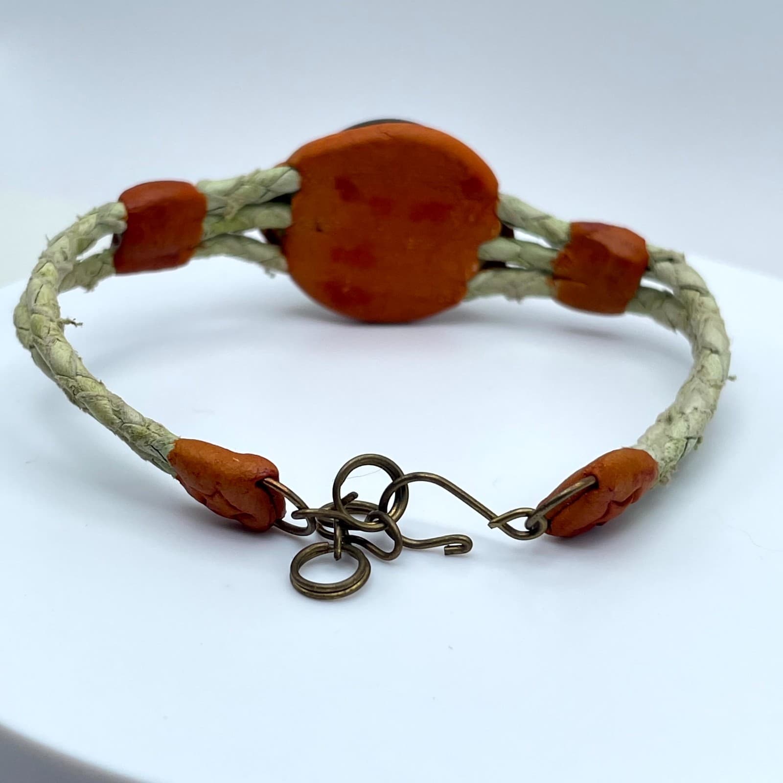 Boho-Chic Classic Fashion Green Cabochon Brown Leather Braided Hook Bracelet - Thumbnail 10