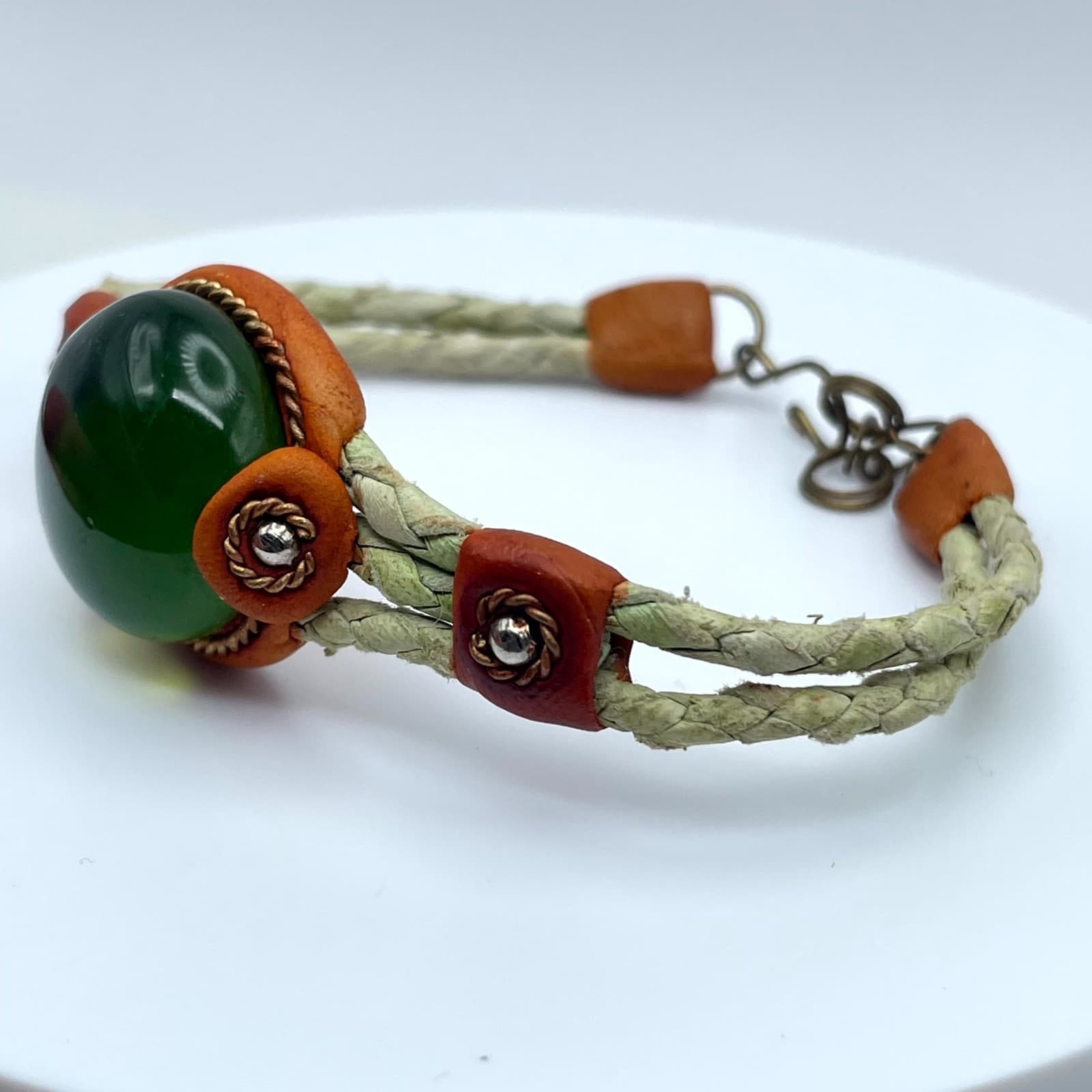 Boho-Chic Classic Fashion Green Cabochon Brown Leather Braided Hook Bracelet - Thumbnail 8