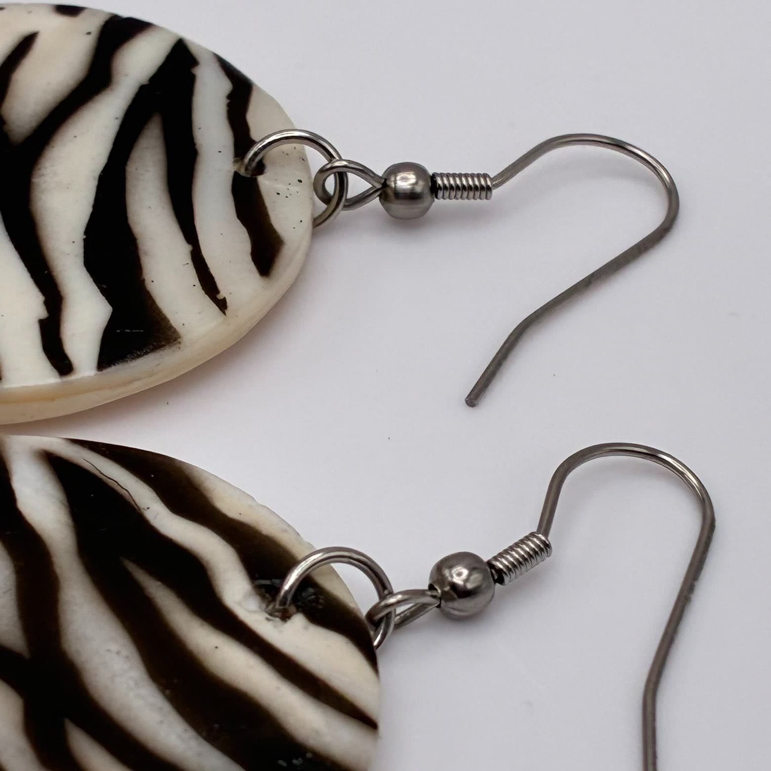 Vintage Y2K Zebra Print Shell Inlay Circle Dangle Earrings Boho Women's Jewelry - Thumbnail 4
