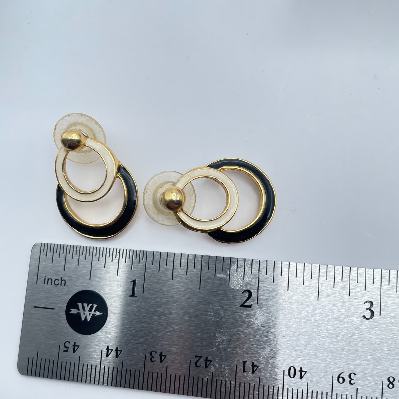 Vintage 80s Gold Tone Enamel Double Hoop Door Knocker Drop Earrings Jewelry - Thumbnail 9