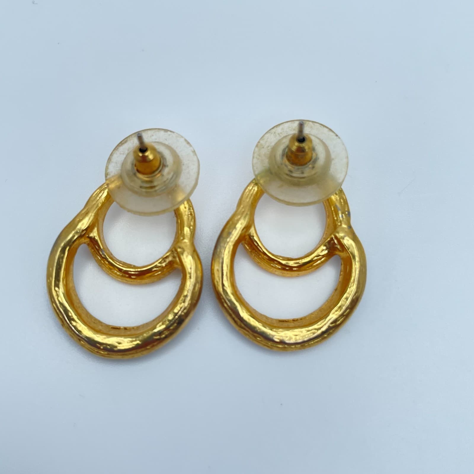 Vintage 80s Gold Tone Enamel Double Hoop Door Knocker Drop Earrings Jewelry - Thumbnail 8
