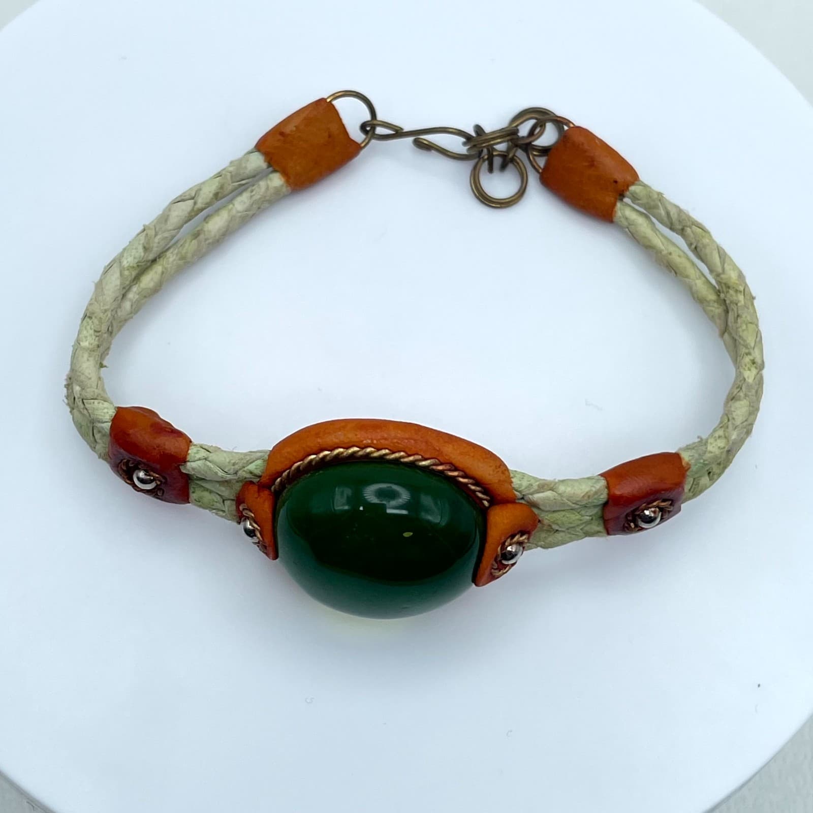 Boho-Chic Classic Fashion Green Cabochon Brown Leather Braided Hook Bracelet - Thumbnail 7