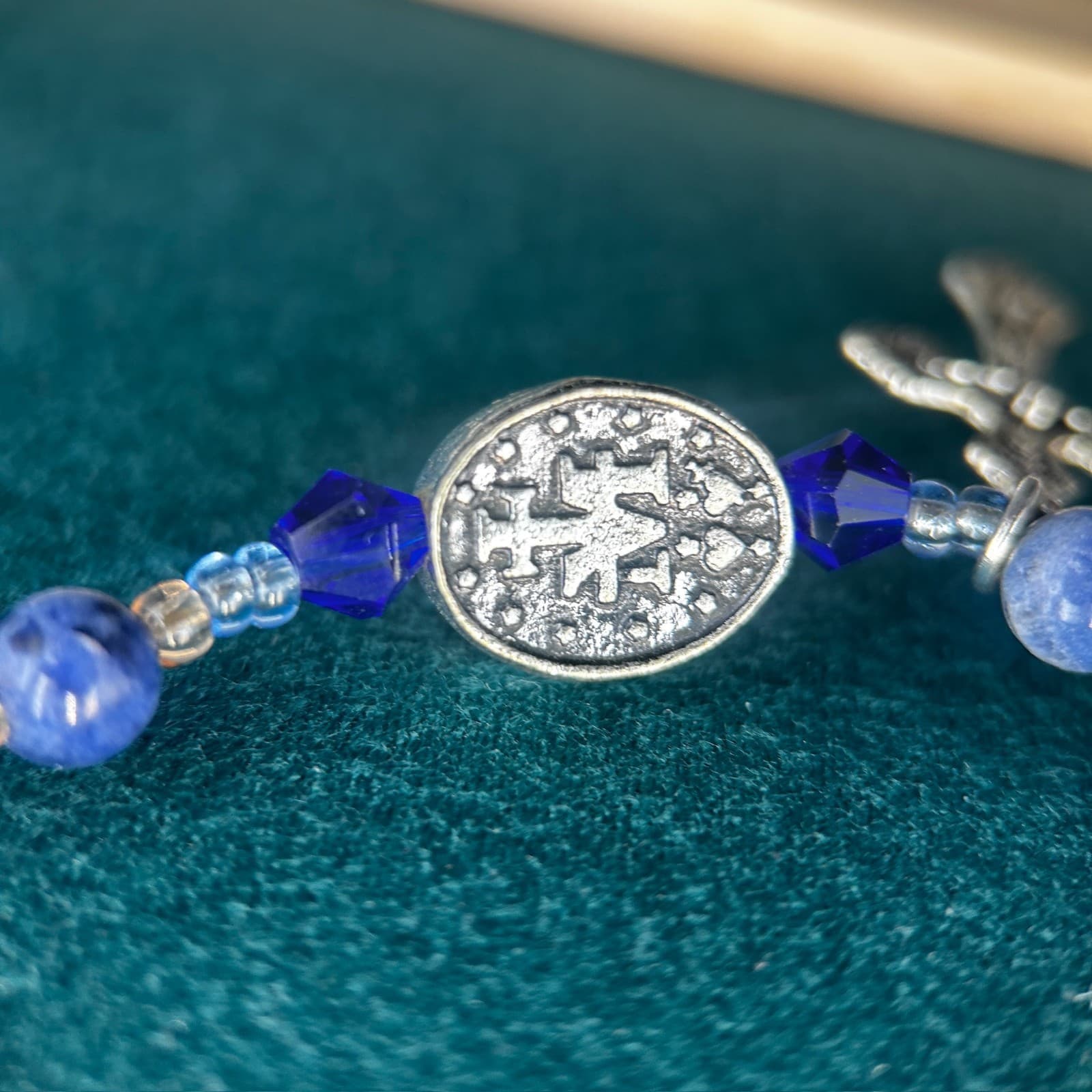 Vintage Blue Beaded Rosary Style Necklace Silver Cross Pendant Religious 22" - Thumbnail 5