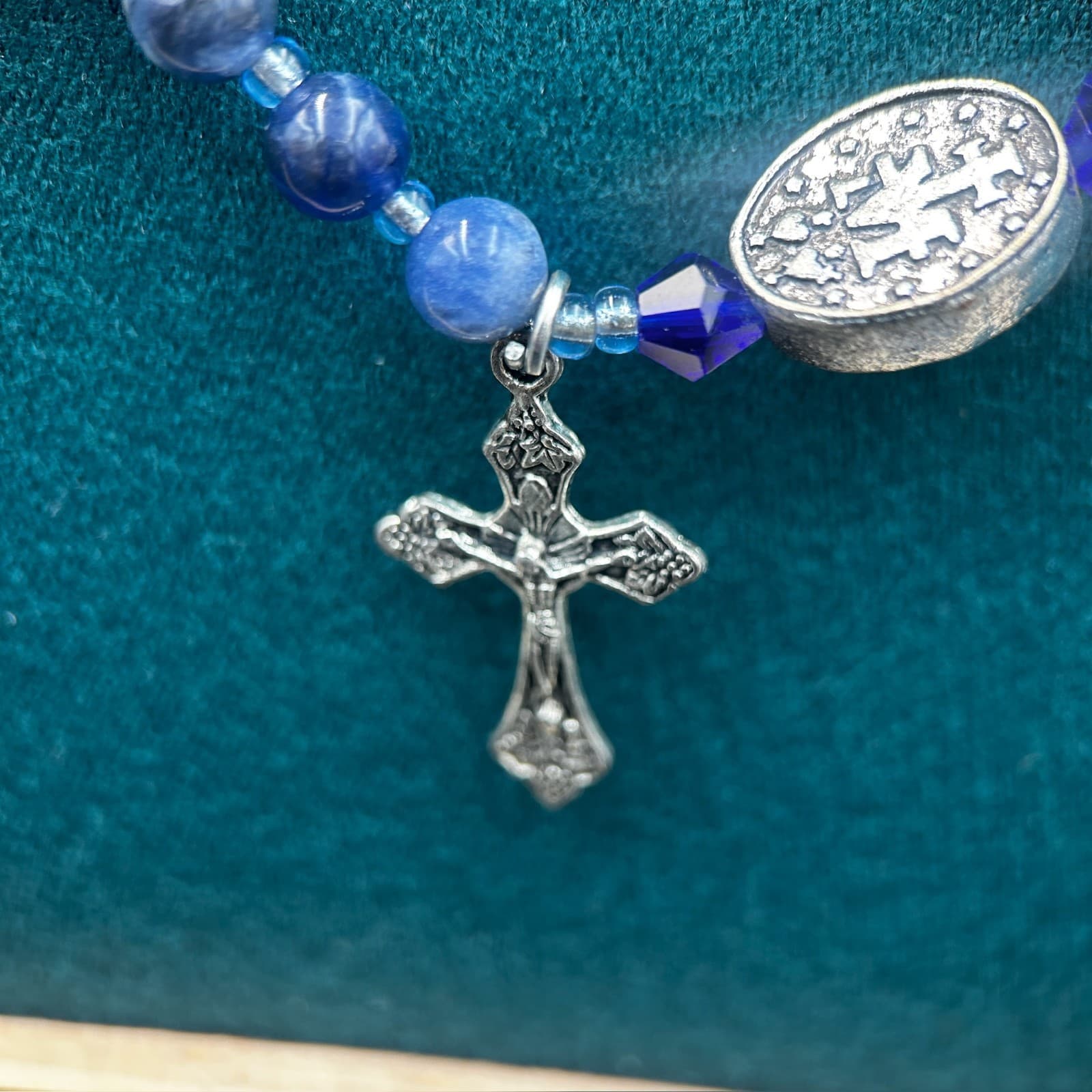 Vintage Blue Beaded Rosary Style Necklace Silver Cross Pendant Religious 22" - Thumbnail 4