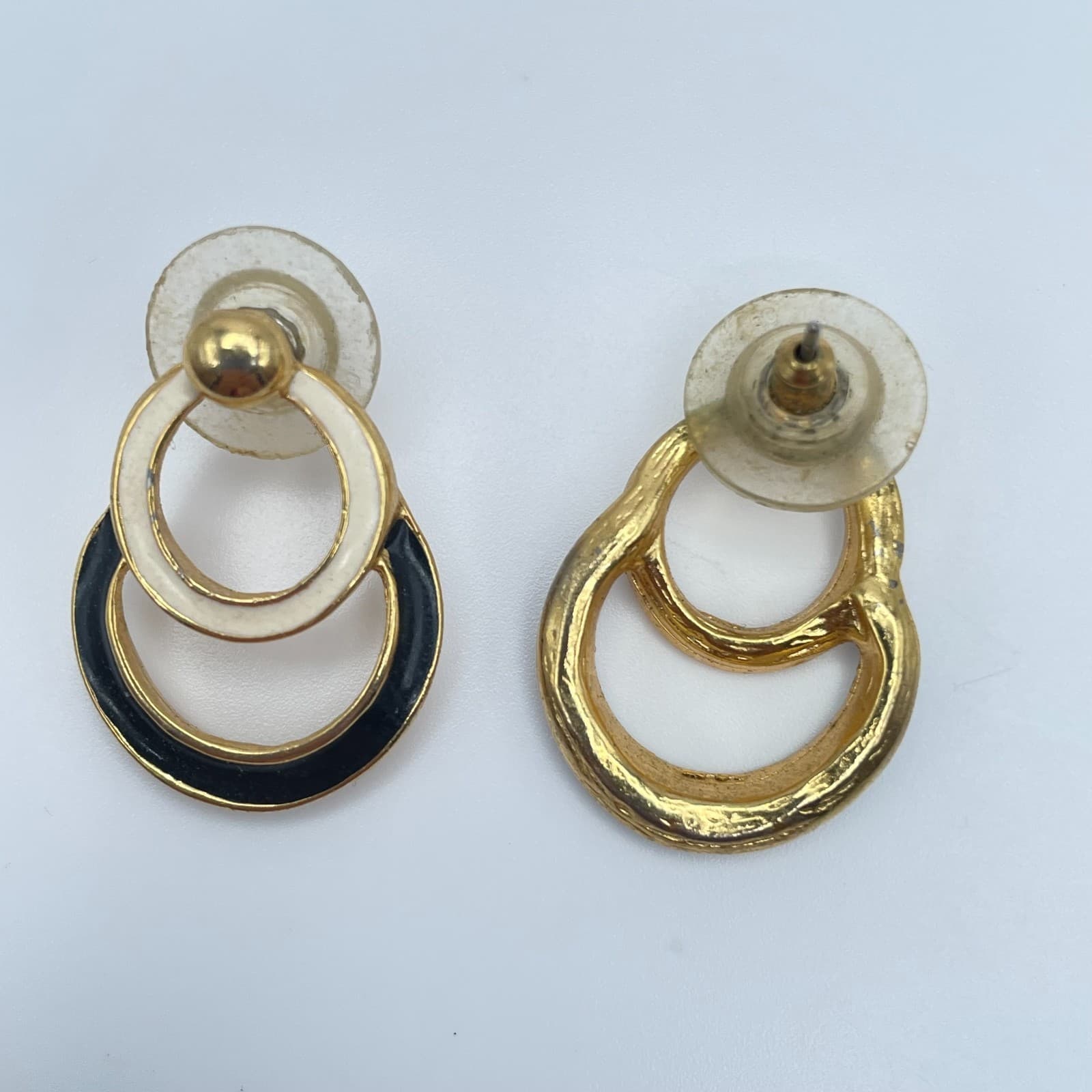 Vintage 80s Gold Tone Enamel Double Hoop Door Knocker Drop Earrings Jewelry - Thumbnail 7