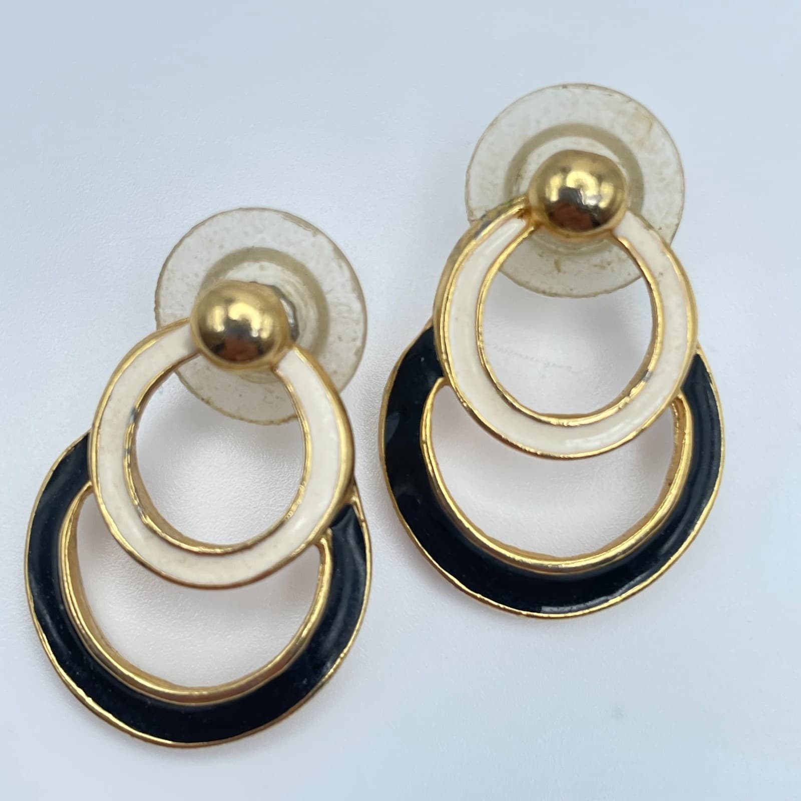 Vintage 80s Gold Tone Enamel Double Hoop Door Knocker Drop Earrings Jewelry - Image 1