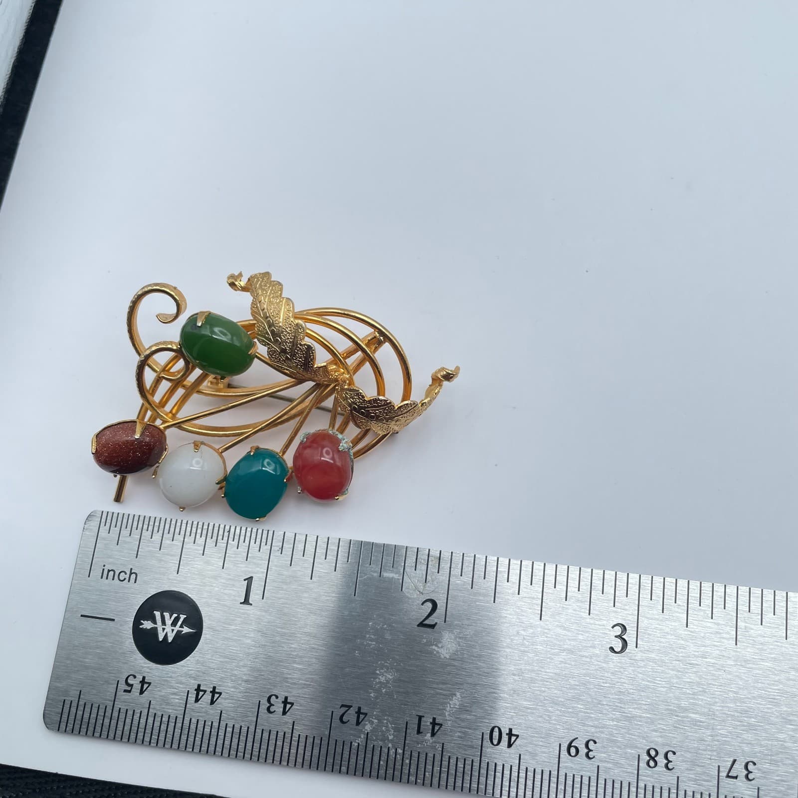 Vintage 90s Gold Tone Cabochon Stone Floral Bouquet Brooch Pin Women's Jewelry - Thumbnail 9