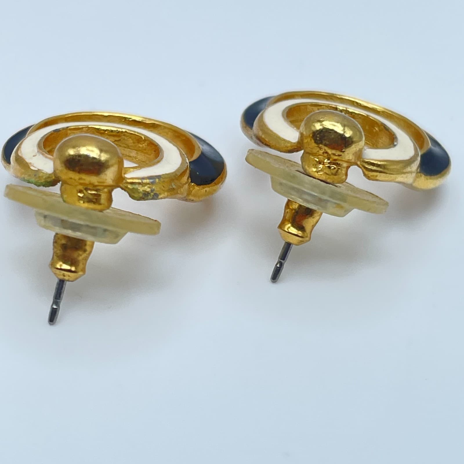 Vintage 80s Gold Tone Enamel Double Hoop Door Knocker Drop Earrings Jewelry - Thumbnail 6