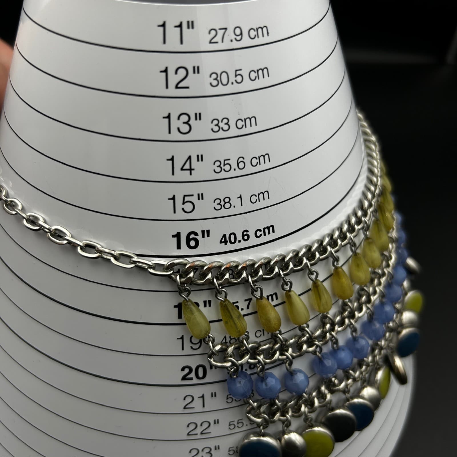 Vintage Multi-Strand Silver Chain Necklace Dangling Beads Blue Green Fashion - Thumbnail 3