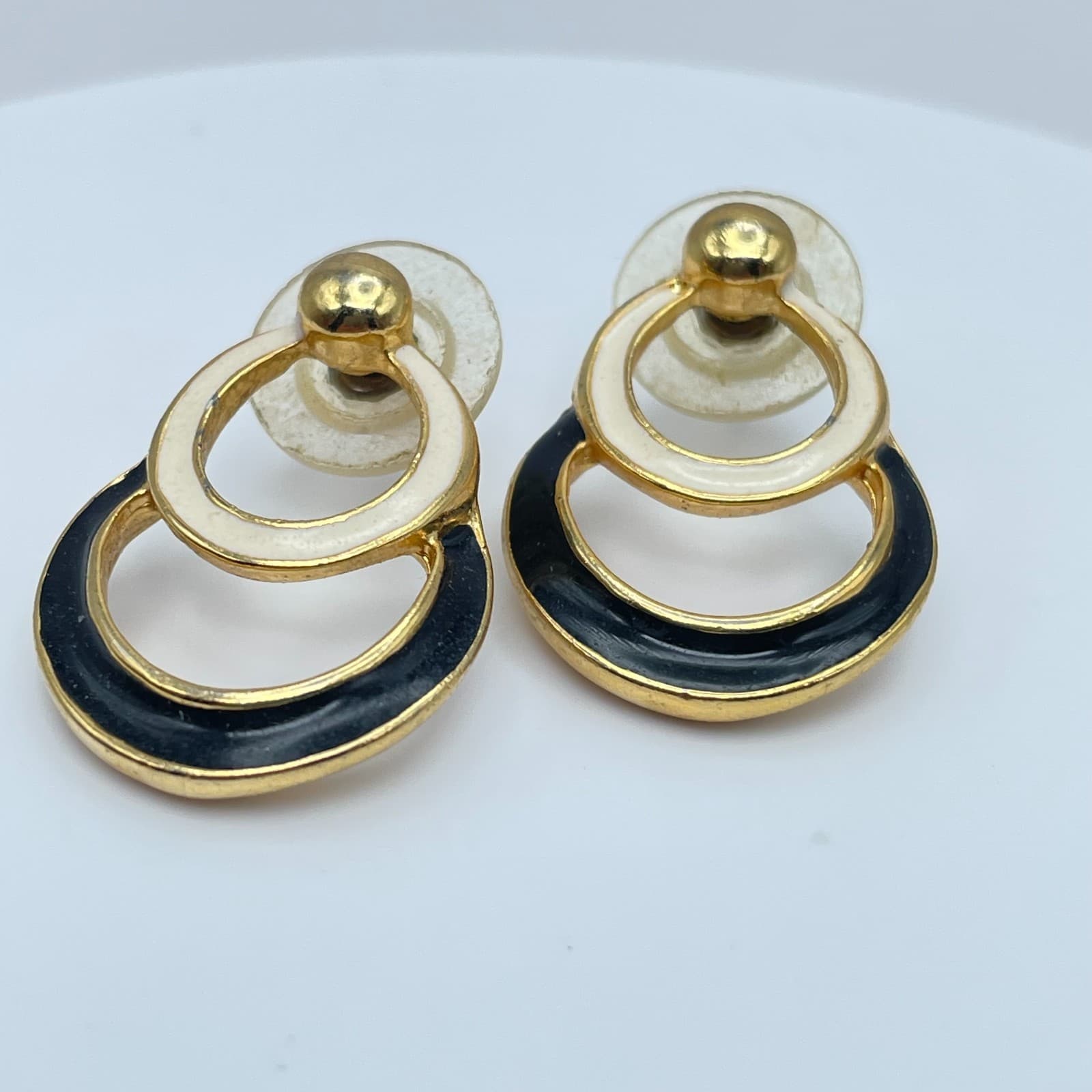 Vintage 80s Gold Tone Enamel Double Hoop Door Knocker Drop Earrings Jewelry - Thumbnail 2
