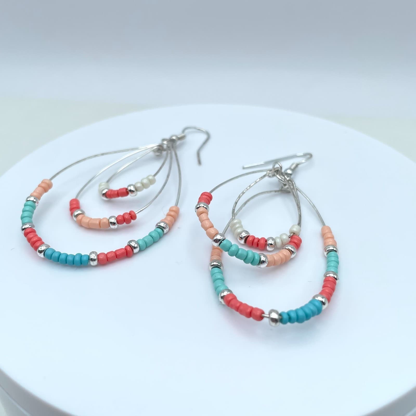 Vintage Y2K Silver Tone Teardrop Beaded Earrings Boho Women's Classic Jewelry - Thumbnail 2