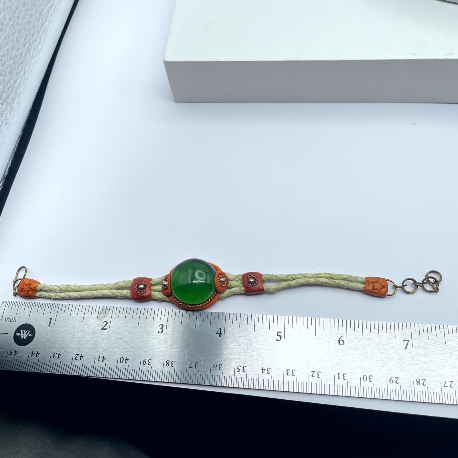 Boho-Chic Classic Fashion Green Cabochon Brown Leather Braided Hook Bracelet - Thumbnail 2