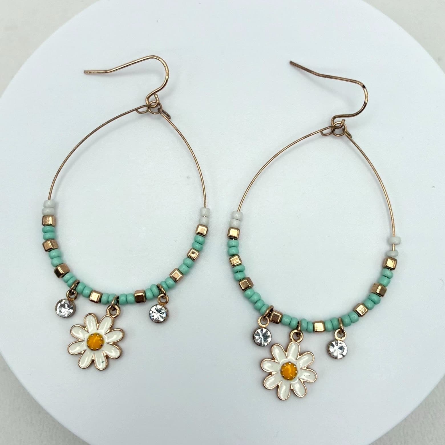 Vintage 90s Gold Tone Hoop Earrings Teal Seed Bead Enamel Floral Dangle Jewelry - Image 1