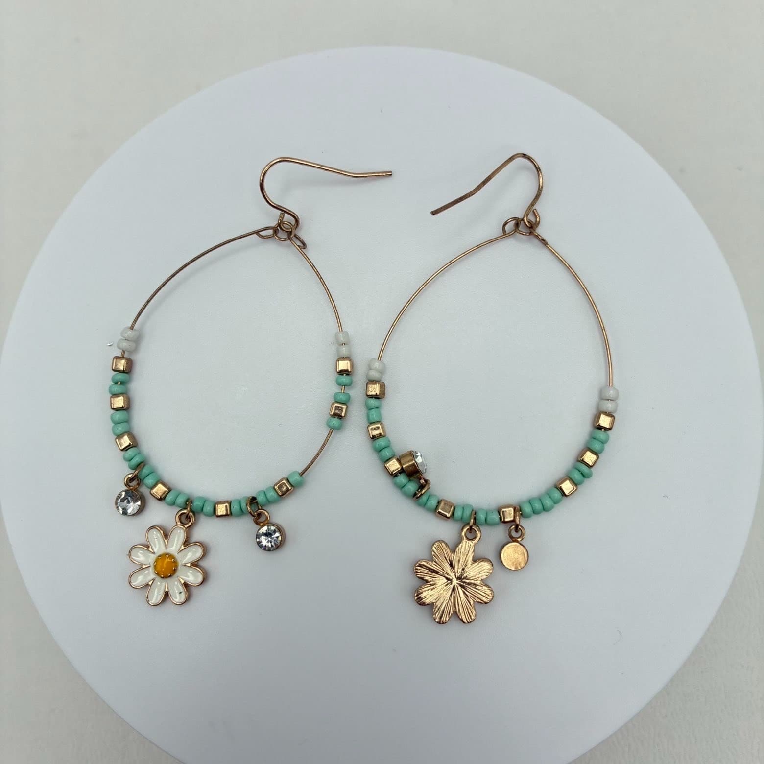 Vintage 90s Gold Tone Hoop Earrings Teal Seed Bead Enamel Floral Dangle Jewelry - Thumbnail 3