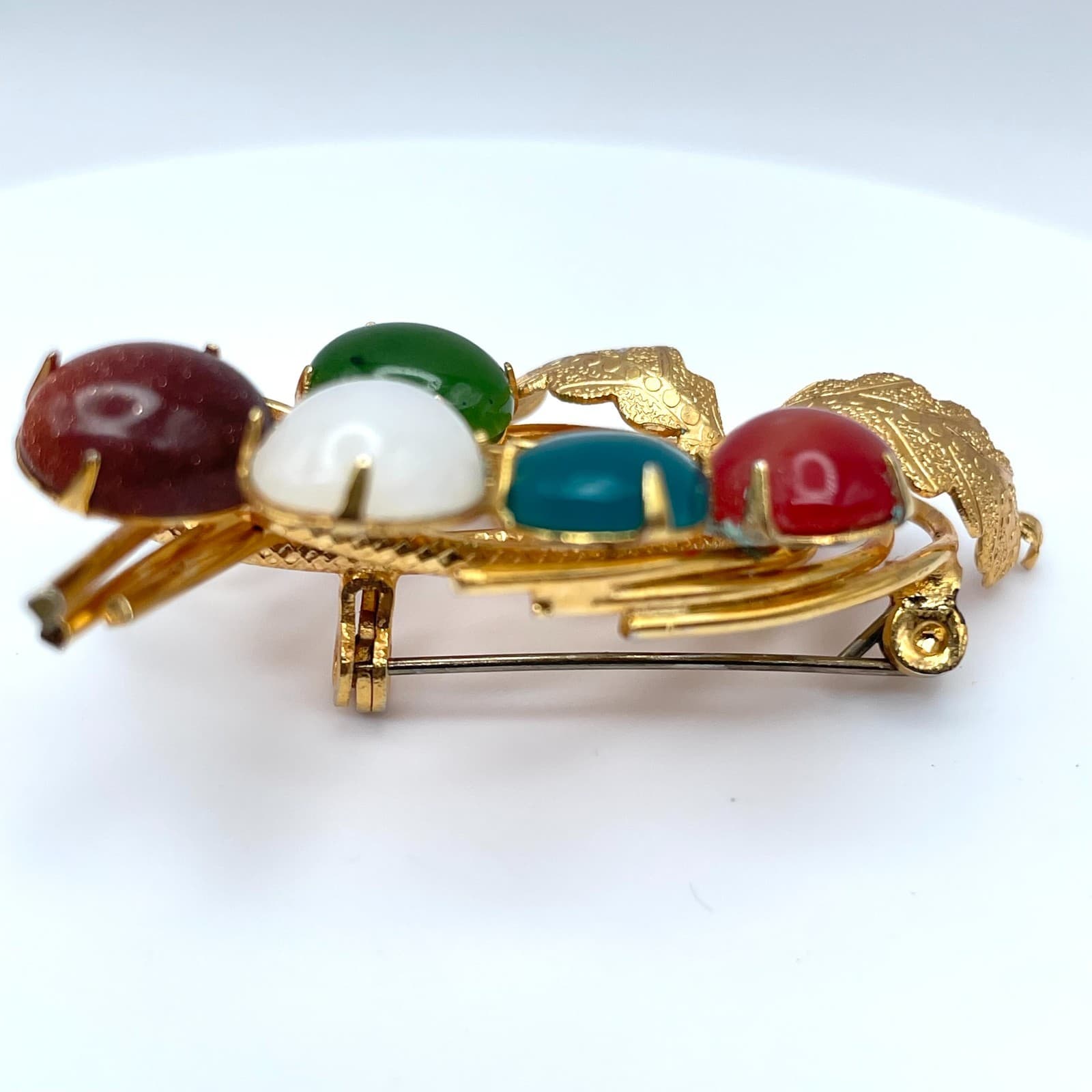 Vintage 90s Gold Tone Cabochon Stone Floral Bouquet Brooch Pin Women's Jewelry - Thumbnail 4