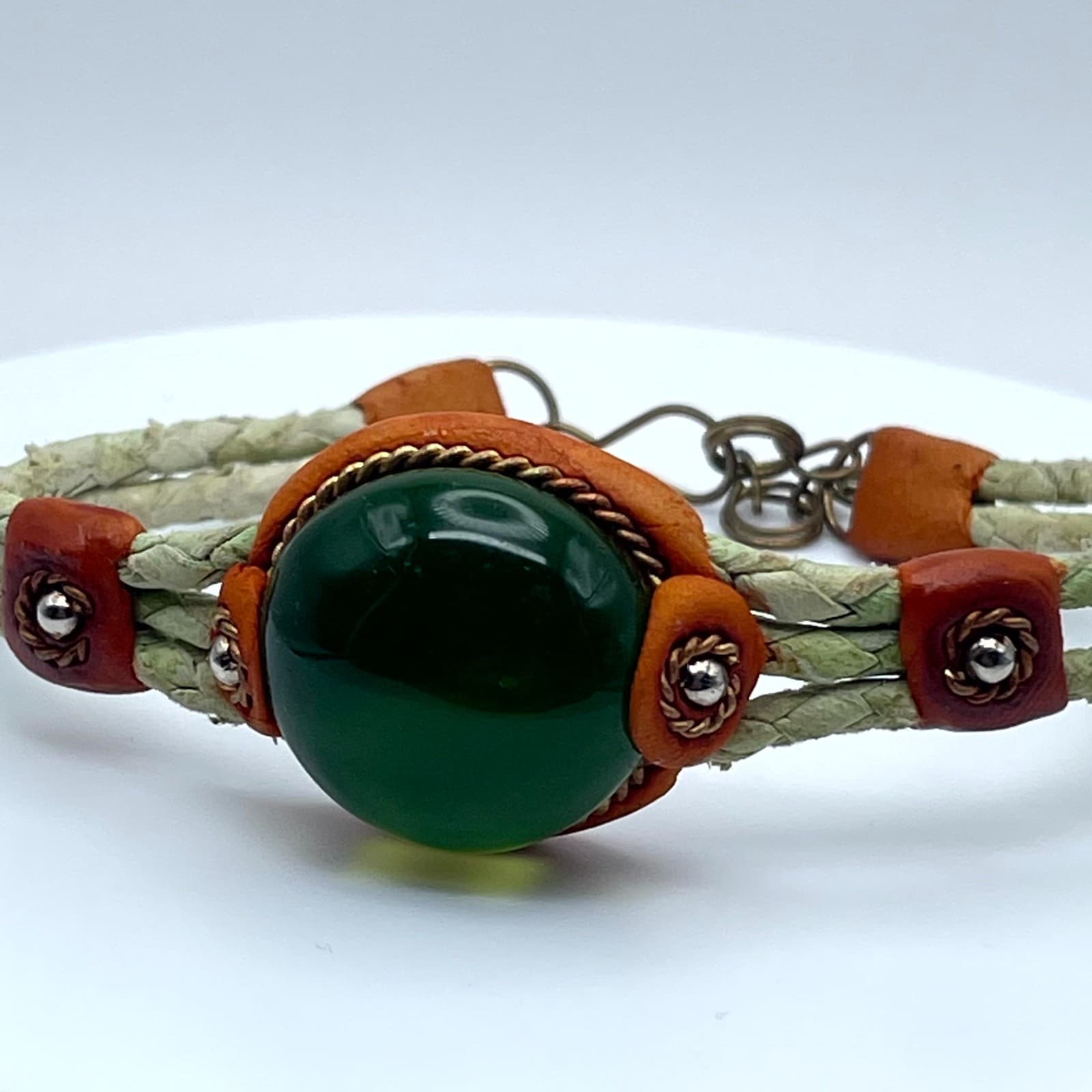 Boho-Chic Classic Fashion Green Cabochon Brown Leather Braided Hook Bracelet - Thumbnail 14