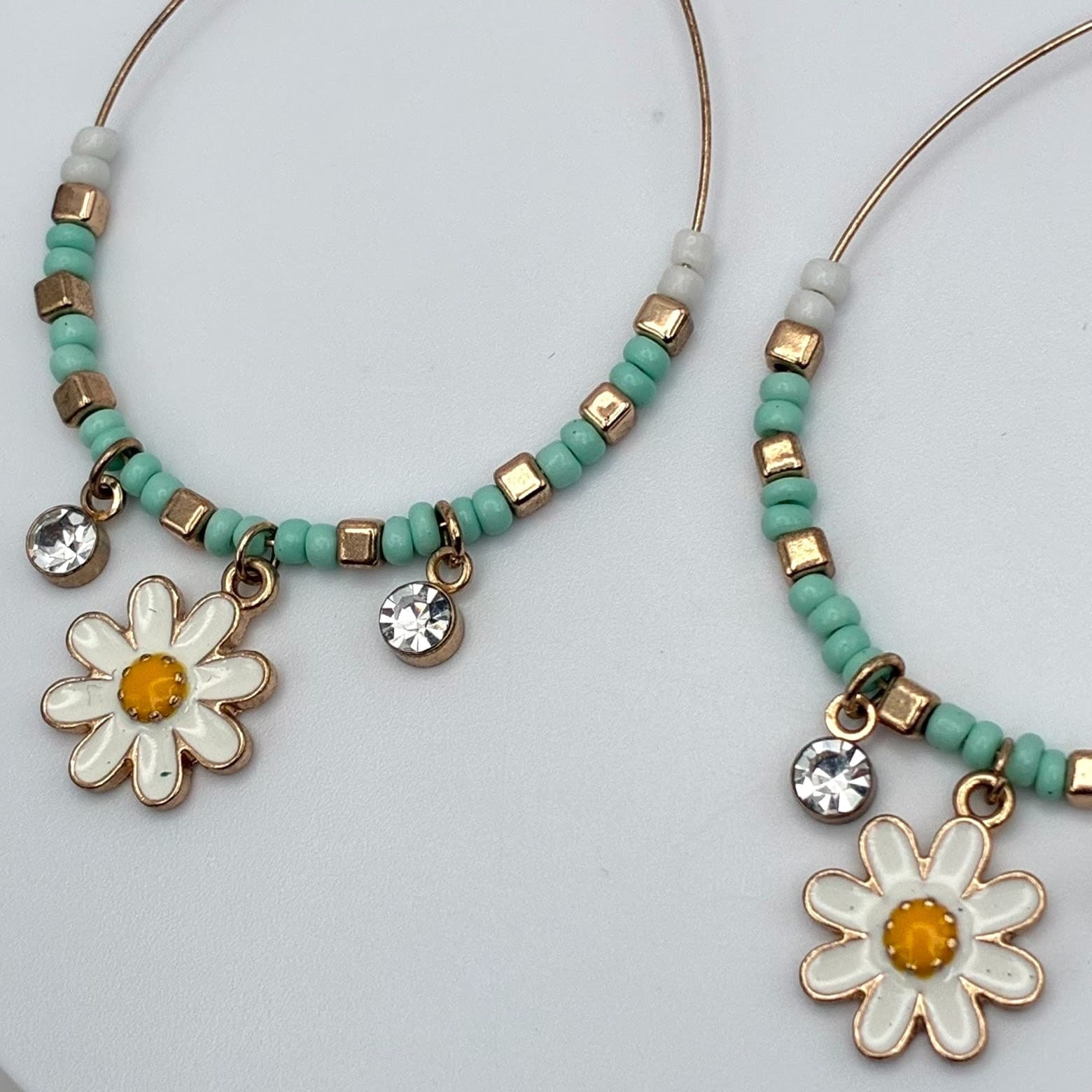 Vintage 90s Gold Tone Hoop Earrings Teal Seed Bead Enamel Floral Dangle Jewelry - Thumbnail 4