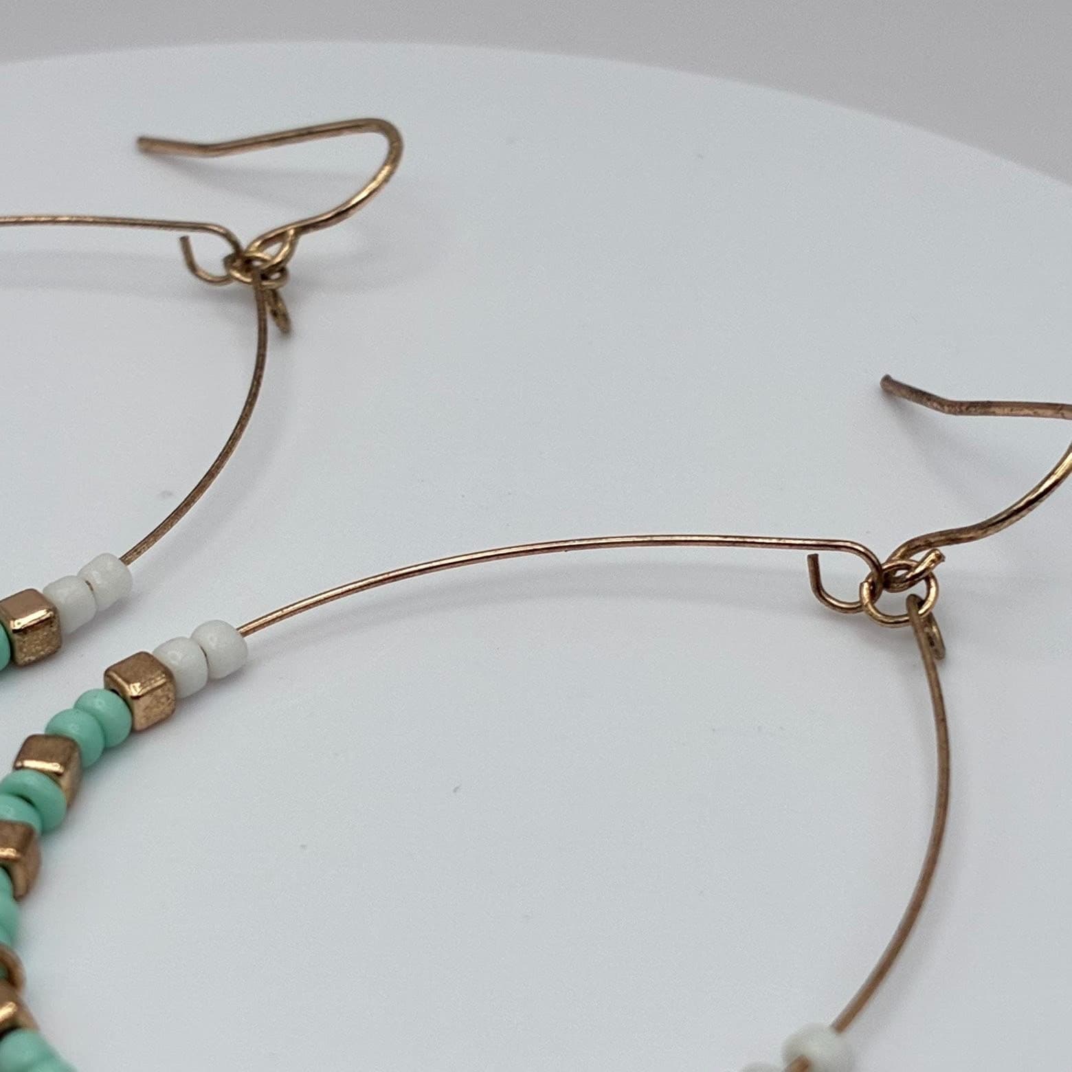 Vintage 90s Gold Tone Hoop Earrings Teal Seed Bead Enamel Floral Dangle Jewelry - Thumbnail 5