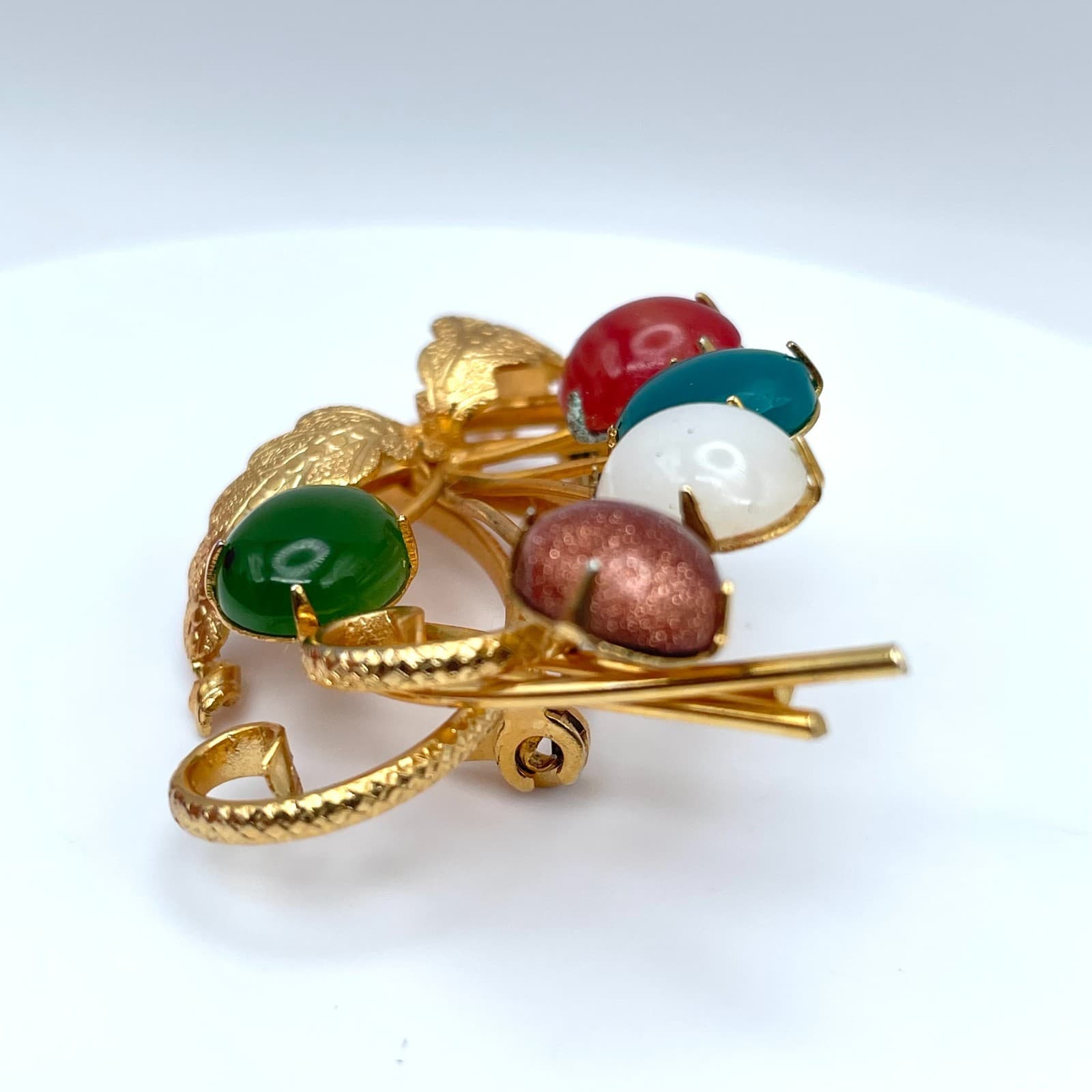 Vintage 90s Gold Tone Cabochon Stone Floral Bouquet Brooch Pin Women's Jewelry - Thumbnail 3