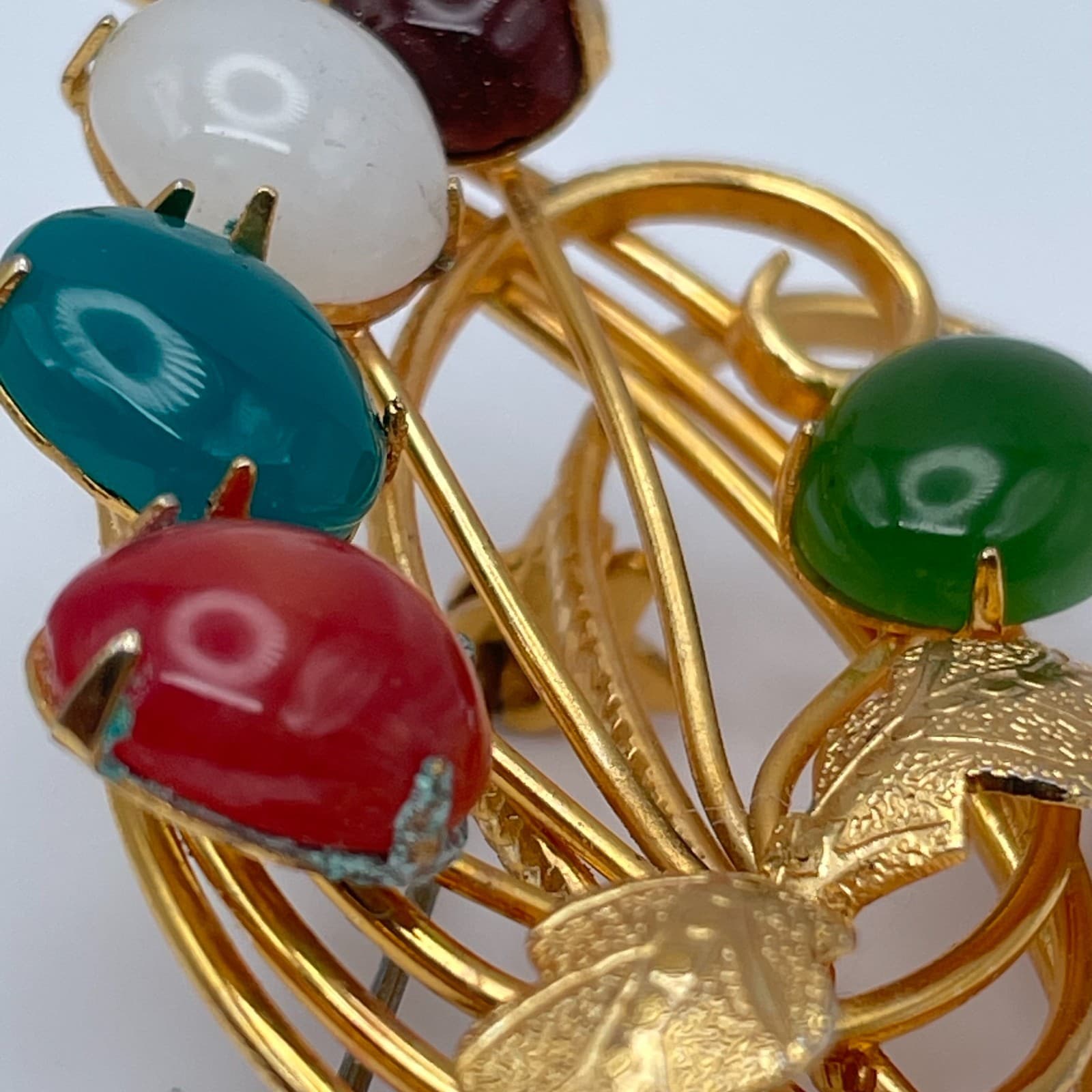 Vintage 90s Gold Tone Cabochon Stone Floral Bouquet Brooch Pin Women's Jewelry - Thumbnail 6