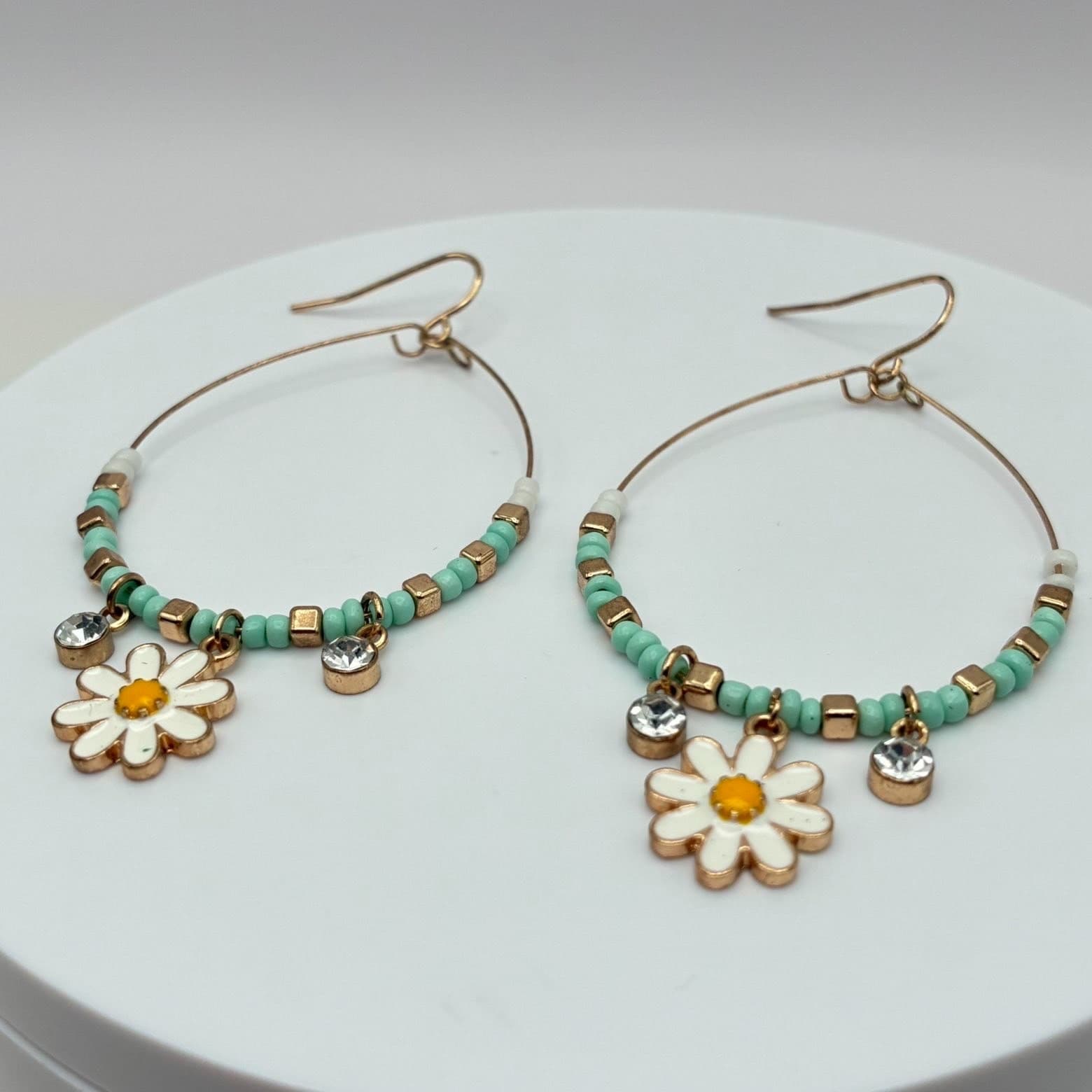 Vintage 90s Gold Tone Hoop Earrings Teal Seed Bead Enamel Floral Dangle Jewelry - Thumbnail 6
