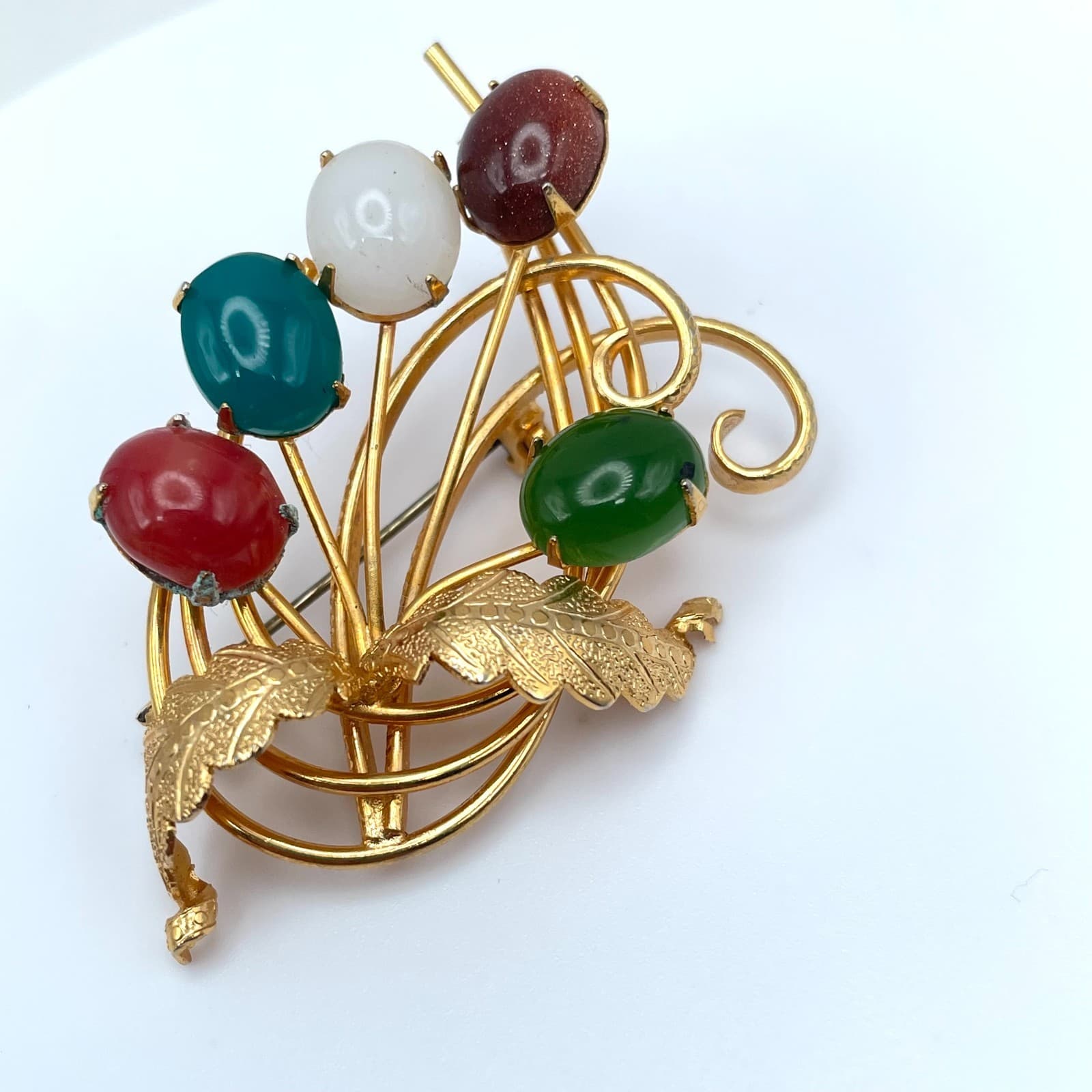 Vintage 90s Gold Tone Cabochon Stone Floral Bouquet Brooch Pin Women's Jewelry - Thumbnail 7