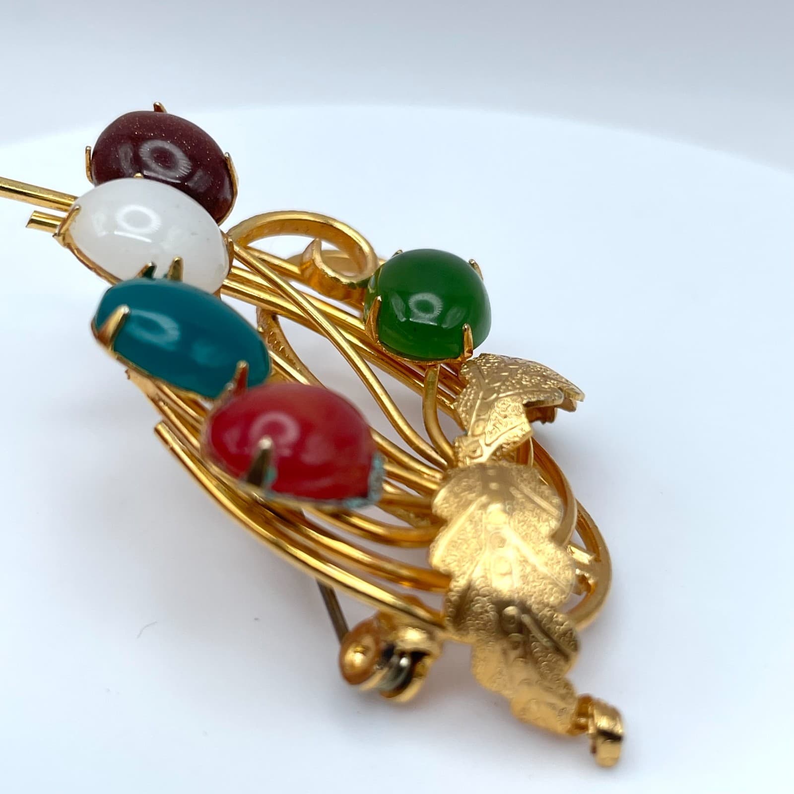 Vintage 90s Gold Tone Cabochon Stone Floral Bouquet Brooch Pin Women's Jewelry - Thumbnail 5