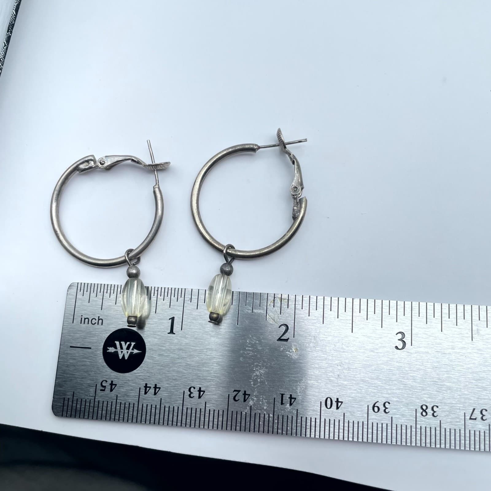 Vintage Silver-Tone Fashion Beauty Oval Glass Dangle Hoop Hinged Clasp Earrings - Thumbnail 2