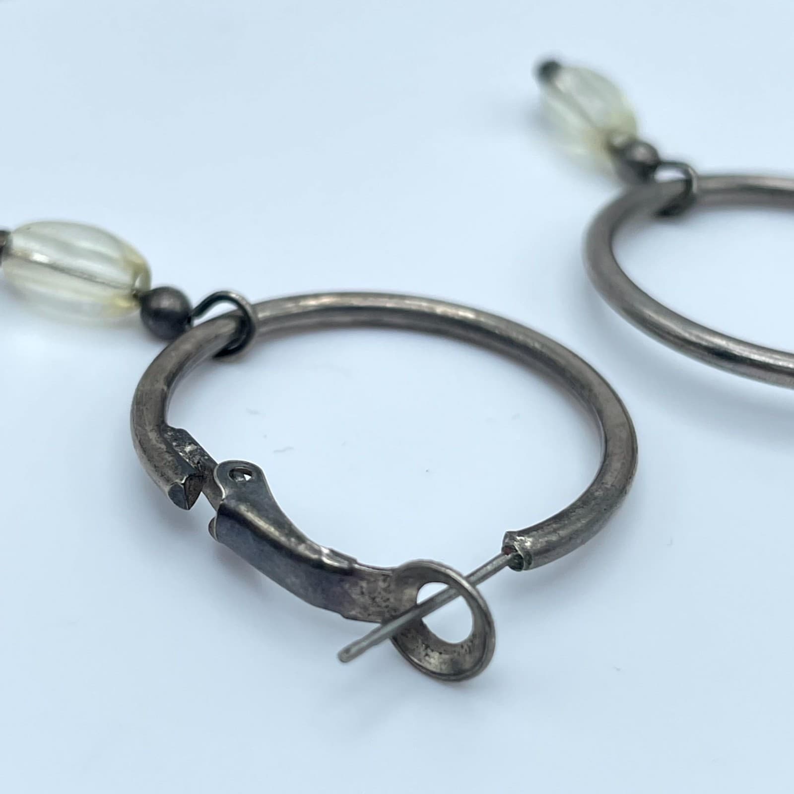Vintage Silver-Tone Fashion Beauty Oval Glass Dangle Hoop Hinged Clasp Earrings - Thumbnail 6