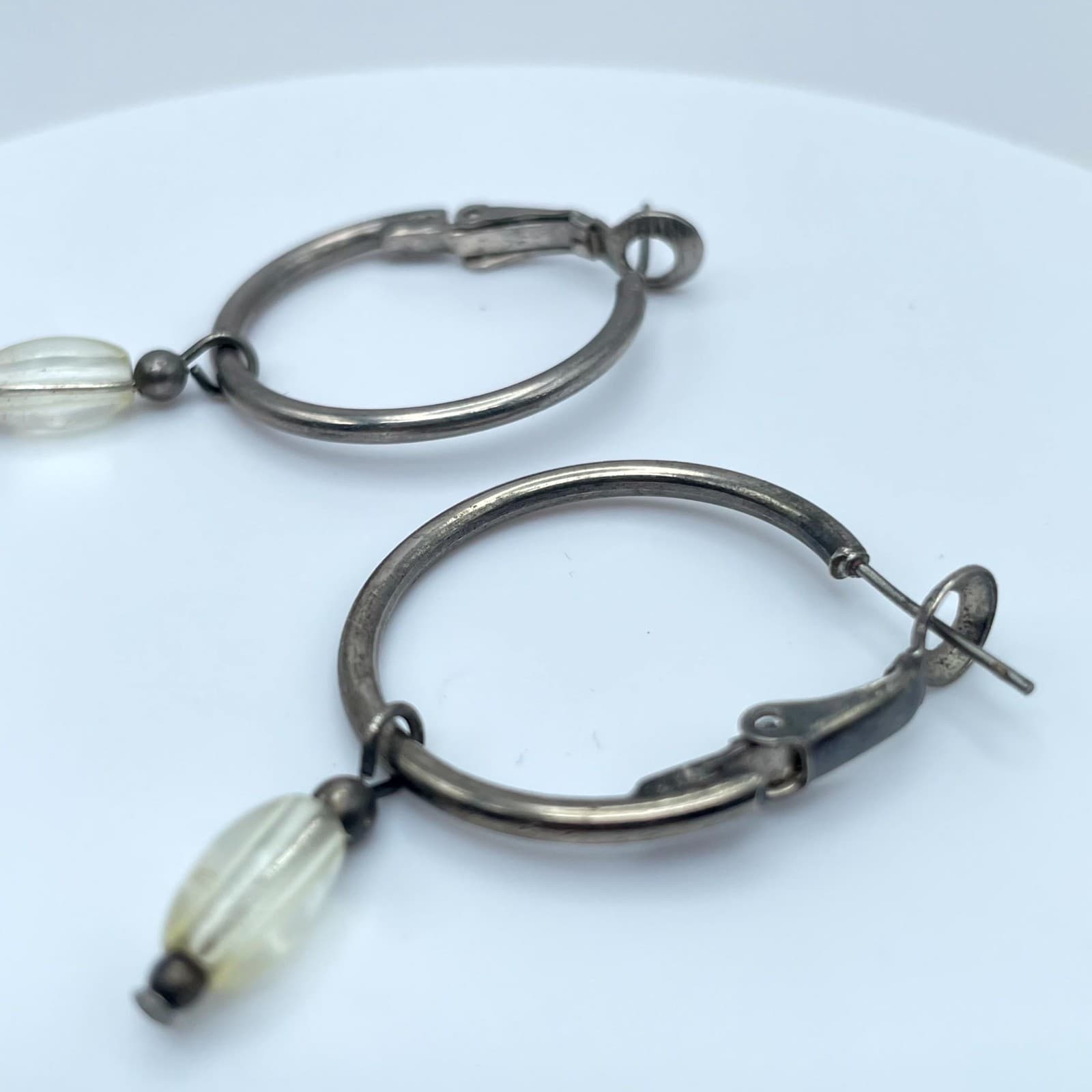 Vintage Silver-Tone Fashion Beauty Oval Glass Dangle Hoop Hinged Clasp Earrings - Thumbnail 4