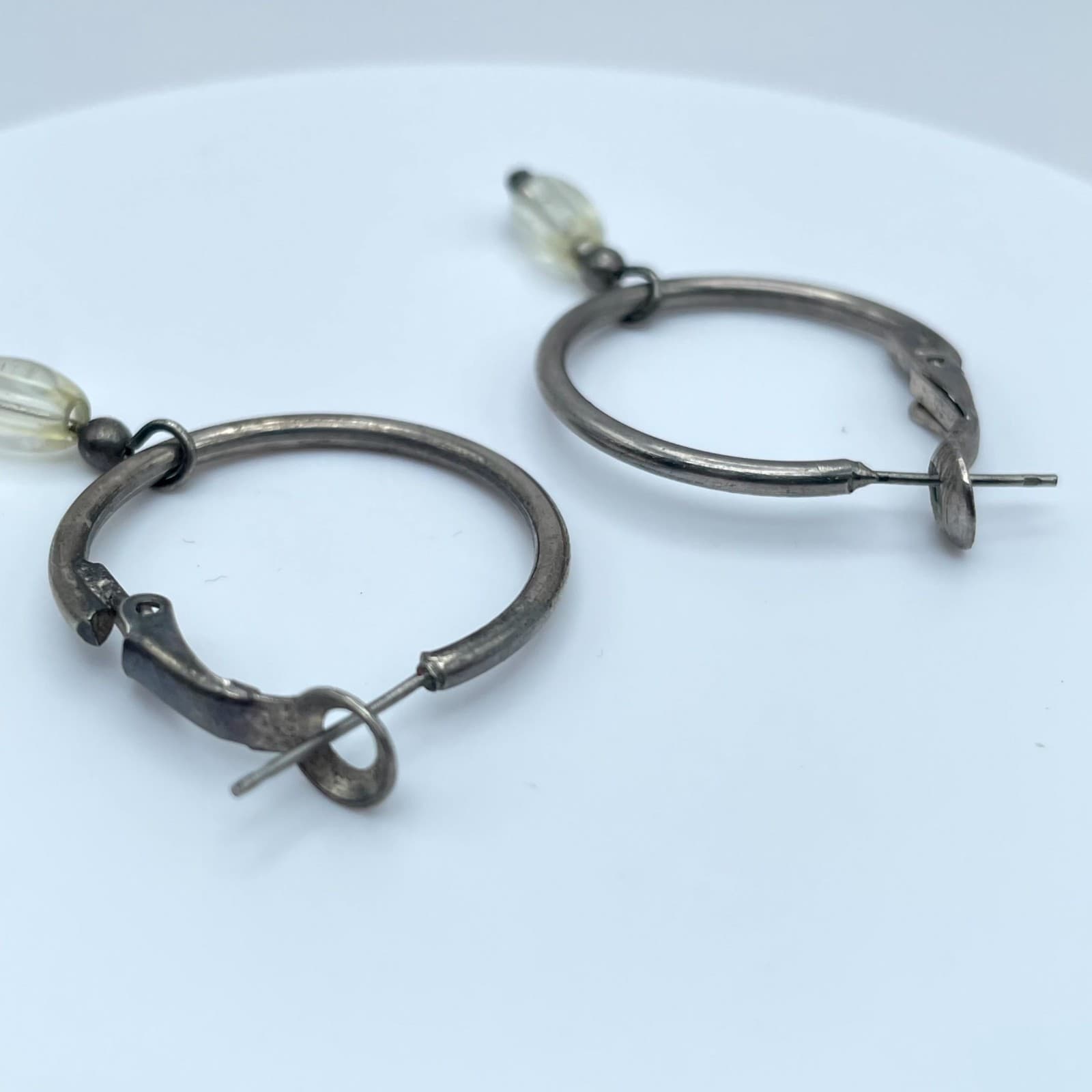 Vintage Silver-Tone Fashion Beauty Oval Glass Dangle Hoop Hinged Clasp Earrings - Thumbnail 5