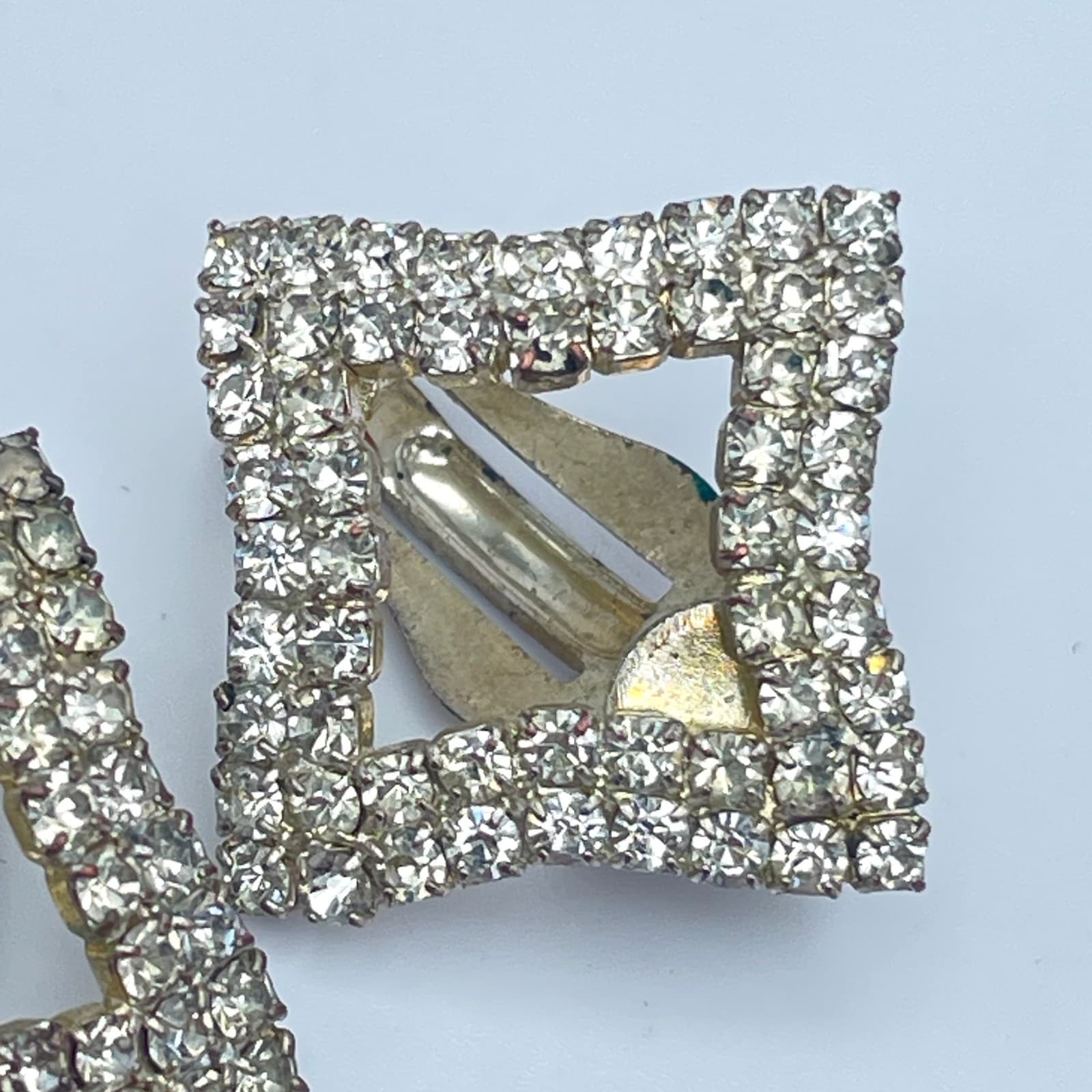 Vintage 80s Silver Tone Clear Glass Rhinestone Square Earrings Fashion Jewelry - Thumbnail 4