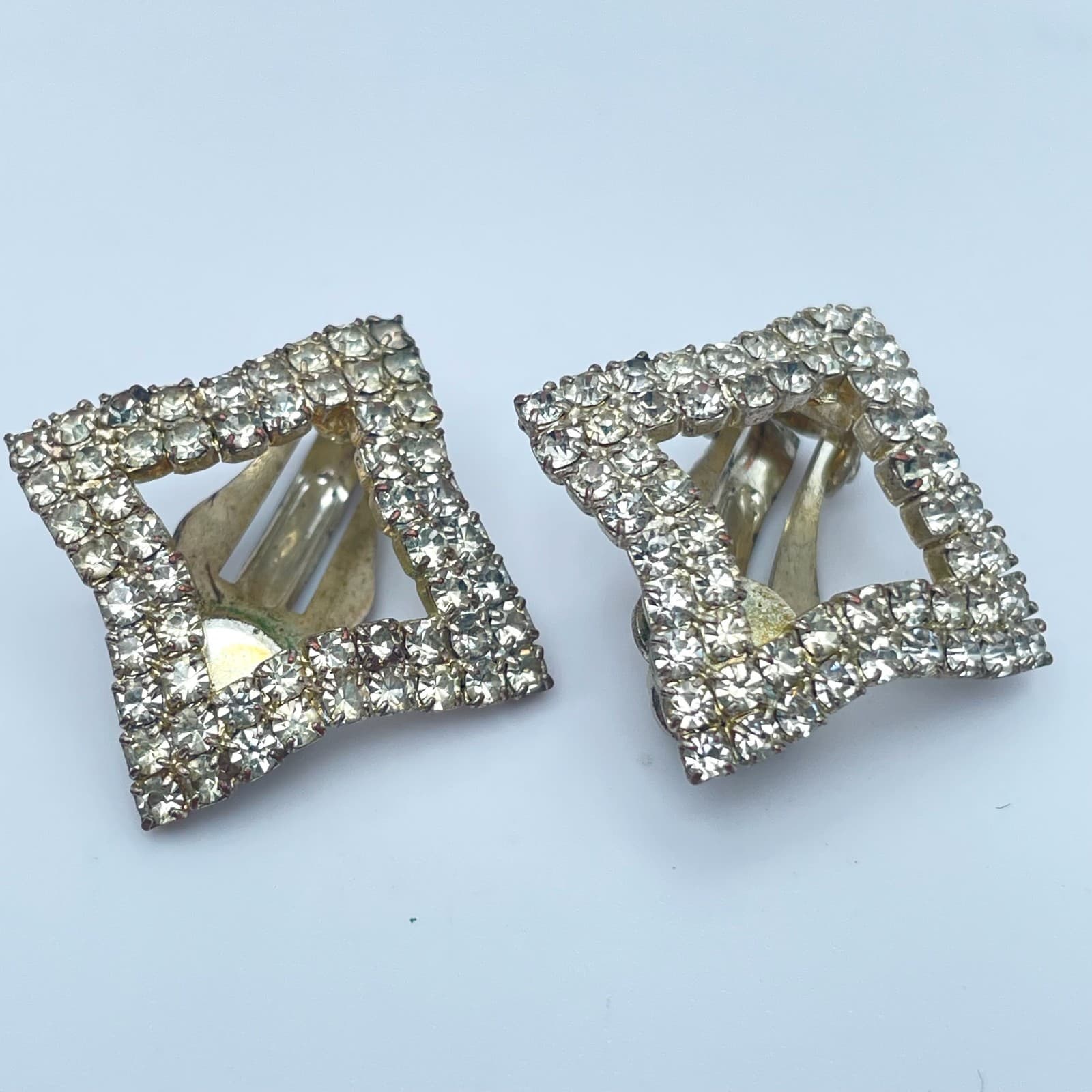 Vintage 80s Silver Tone Clear Glass Rhinestone Square Earrings Fashion Jewelry - Thumbnail 2