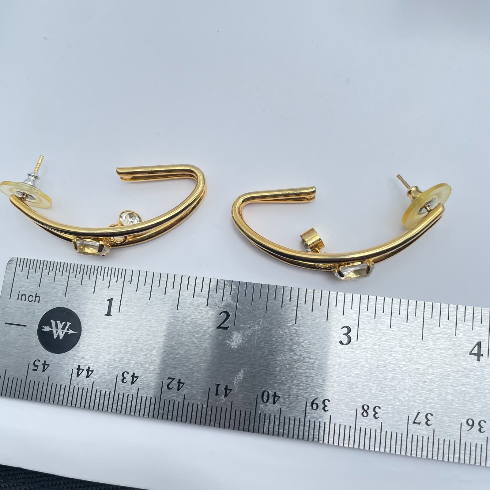 Vintage 90s Clear Glass Open Hoop Gold Tone Earrings Modern Geometric Jewelry - Thumbnail 8