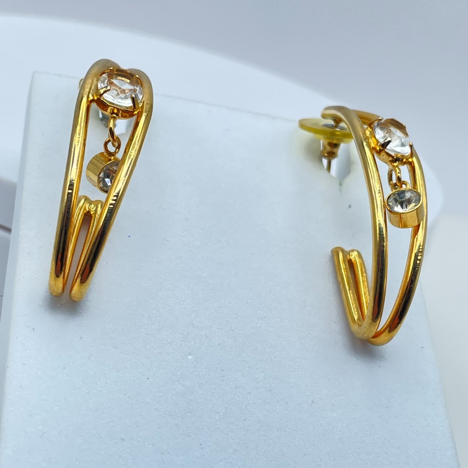Vintage 90s Clear Glass Open Hoop Gold Tone Earrings Modern Geometric Jewelry - Thumbnail 3