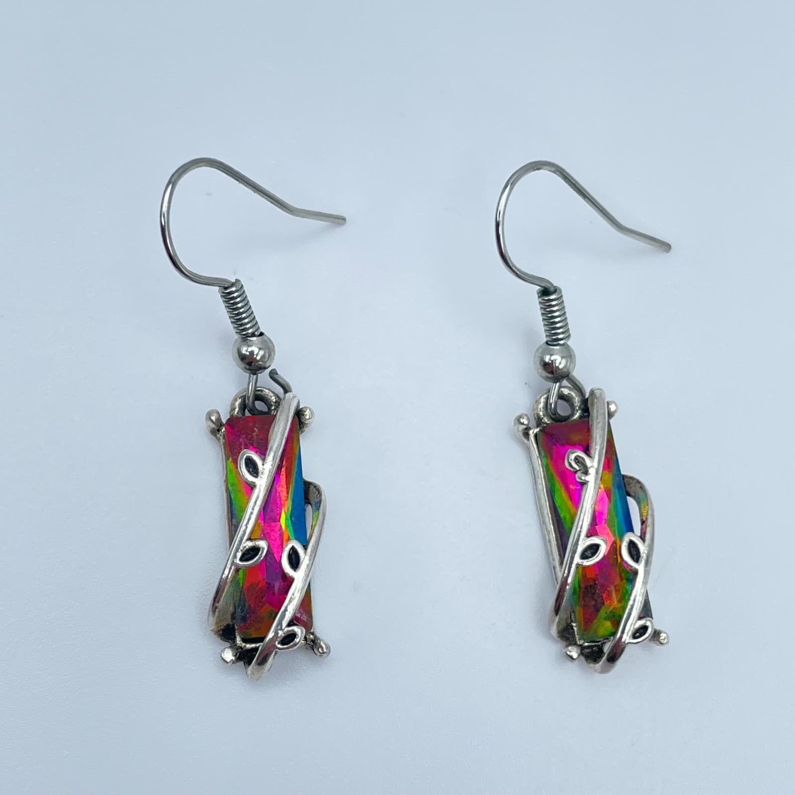 Vintage 90s Mystic Rainbow Topaz Glass Silver Tone Earrings Set Boho Jewelry - Thumbnail 4