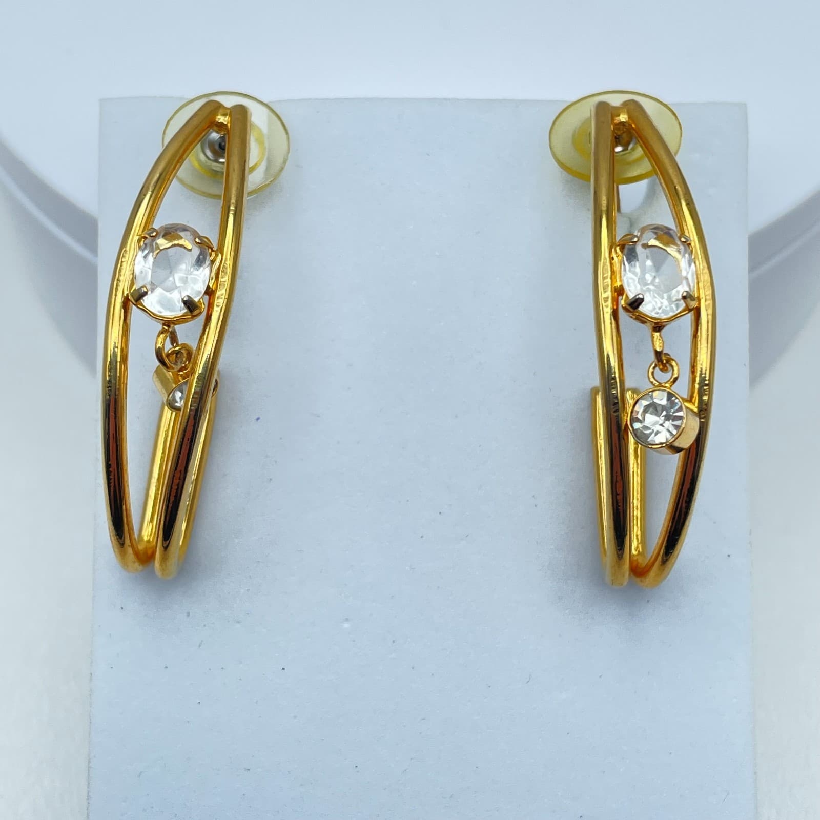 Vintage 90s Clear Glass Open Hoop Gold Tone Earrings Modern Geometric Jewelry - Image 1