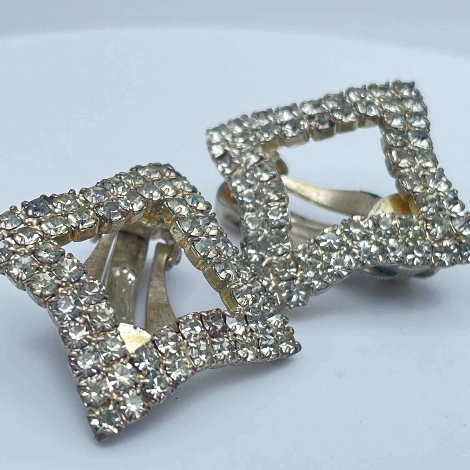 Vintage 80s Silver Tone Clear Glass Rhinestone Square Earrings Fashion Jewelry - Thumbnail 5