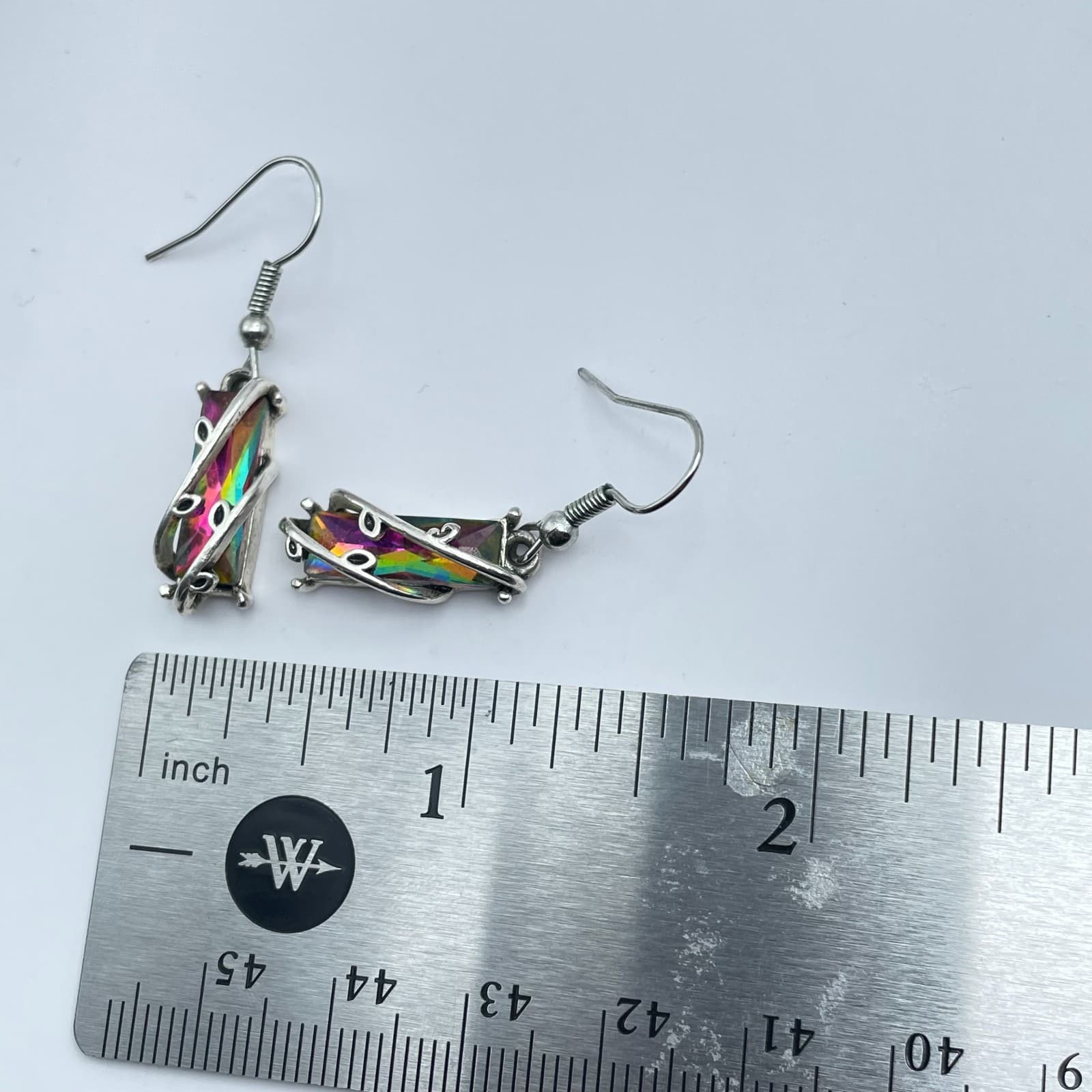 Vintage 90s Mystic Rainbow Topaz Glass Silver Tone Earrings Set Boho Jewelry - Thumbnail 7