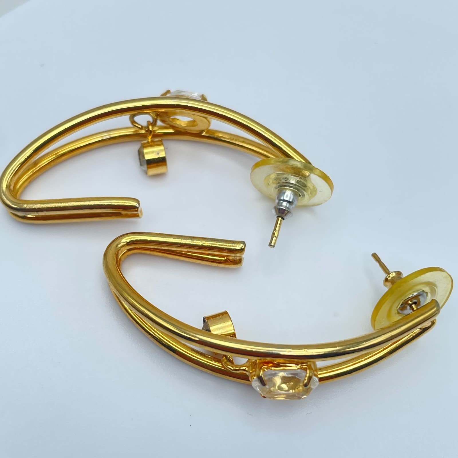 Vintage 90s Clear Glass Open Hoop Gold Tone Earrings Modern Geometric Jewelry - Thumbnail 6