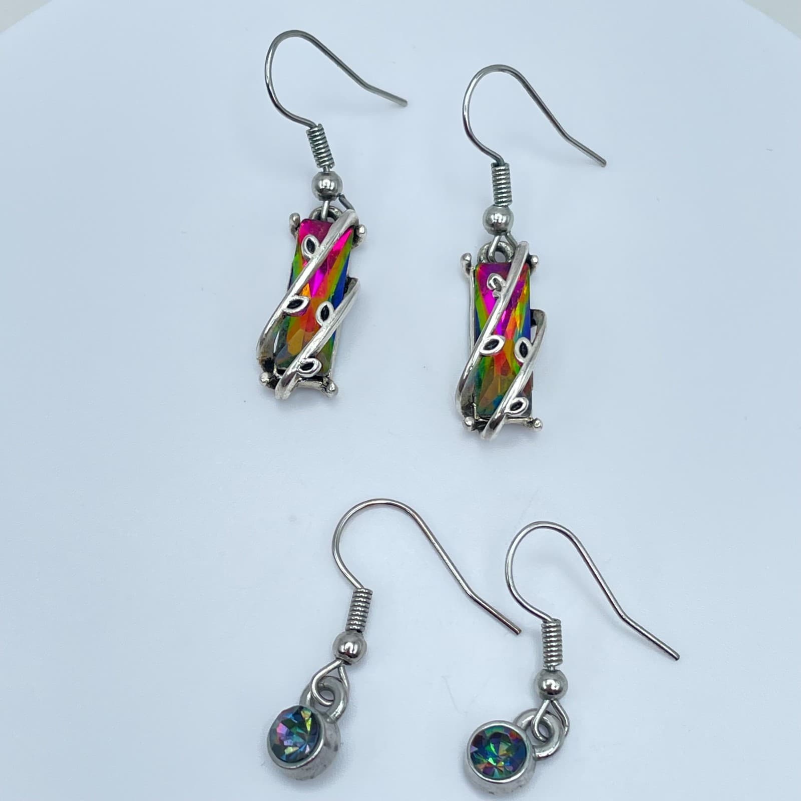 Vintage 90s Mystic Rainbow Topaz Glass Silver Tone Earrings Set Boho Jewelry - Image 1