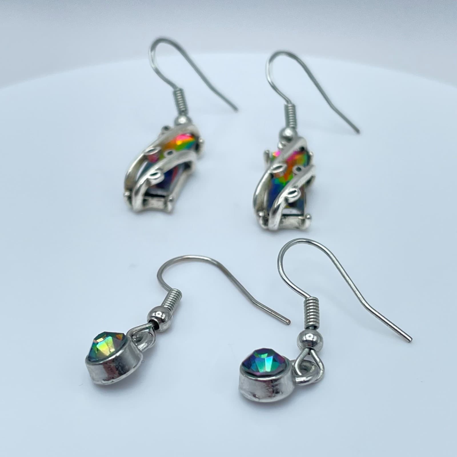 Vintage 90s Mystic Rainbow Topaz Glass Silver Tone Earrings Set Boho Jewelry - Thumbnail 3