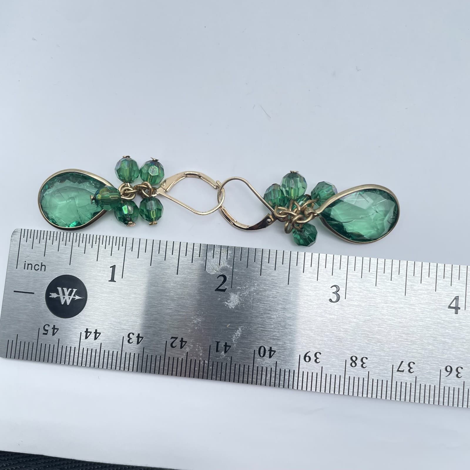 Vintage 90s Green Glass Teardrop Gold Tone Dangle Earrings Boho Fashion Jewelry - Thumbnail 7