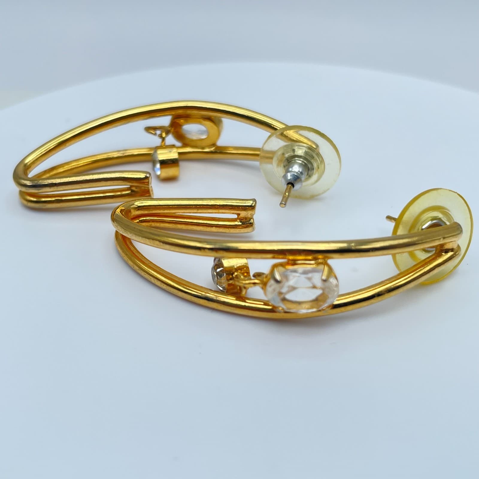 Vintage 90s Clear Glass Open Hoop Gold Tone Earrings Modern Geometric Jewelry - Thumbnail 5
